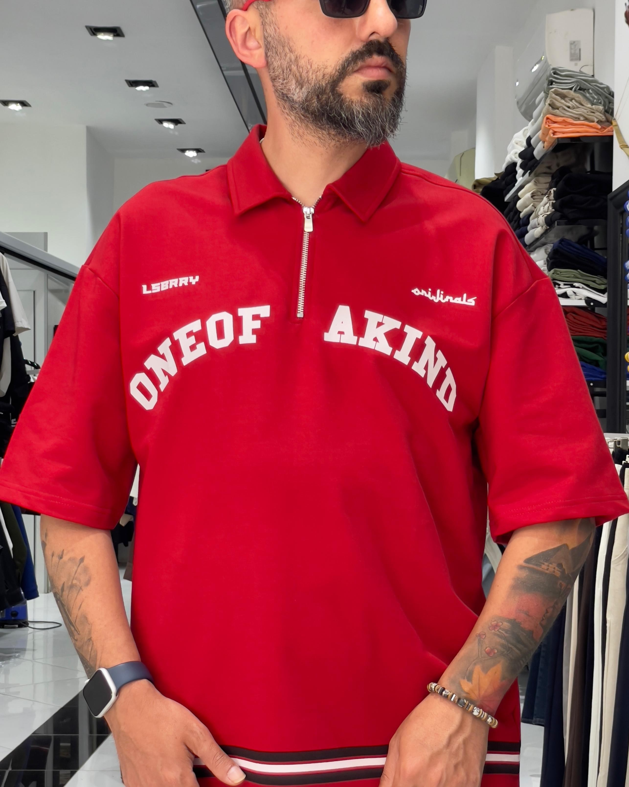 888 Baskılı Oversize Polo Yaka Erkek T-Shirt - kırmızı