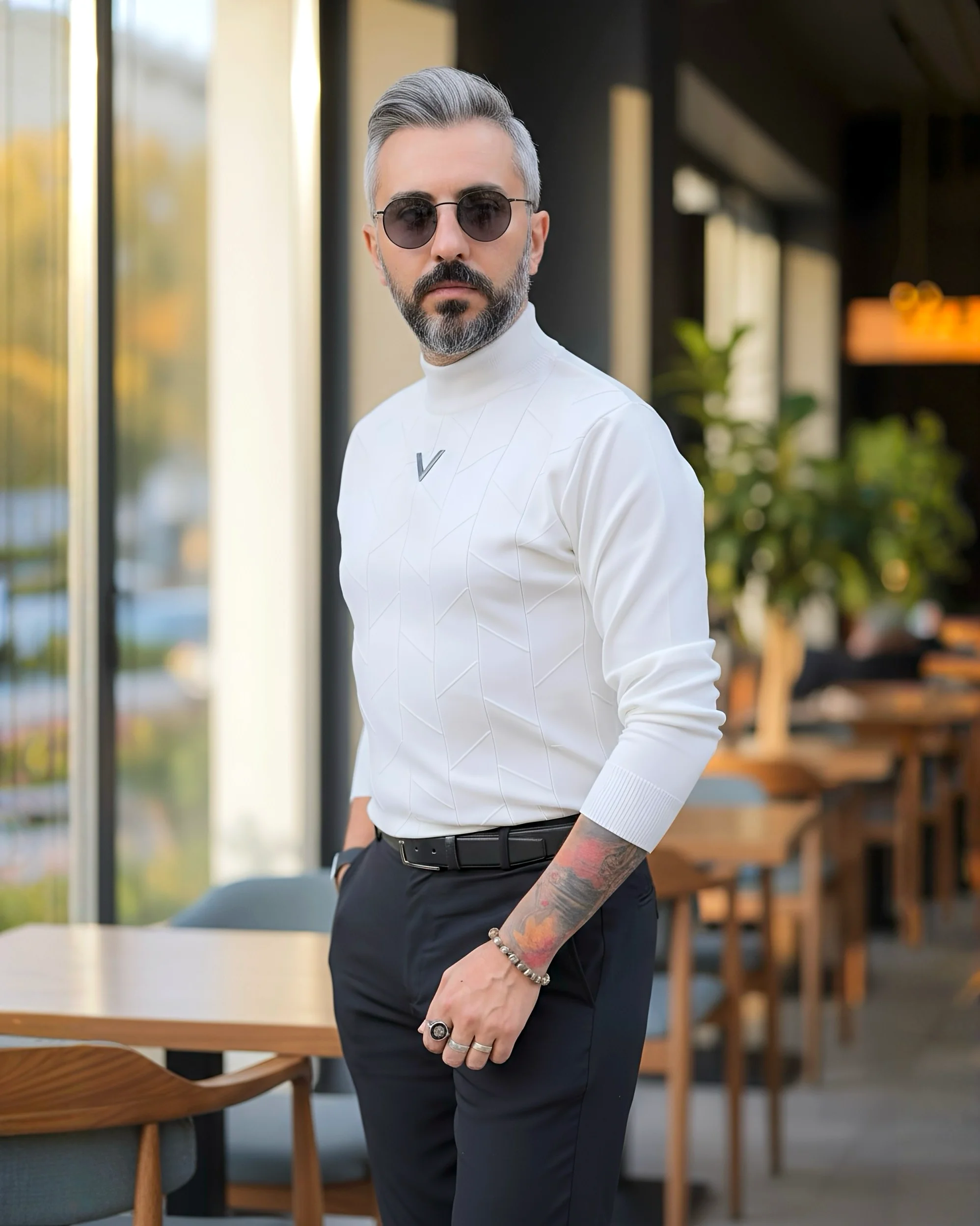 Yarım Balıkçı Desenli Triko Erkek Kazak - beyaz