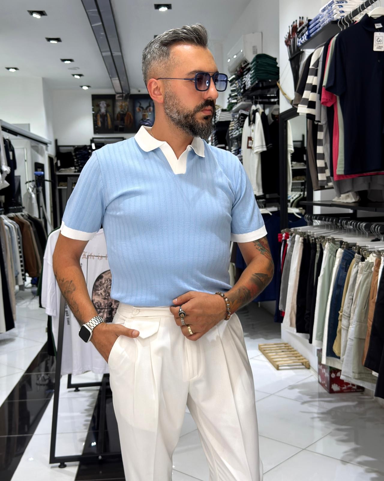 Yaka Detaylı Erkek Triko Polo Yaka T-Shirt - Bebe Mavisi