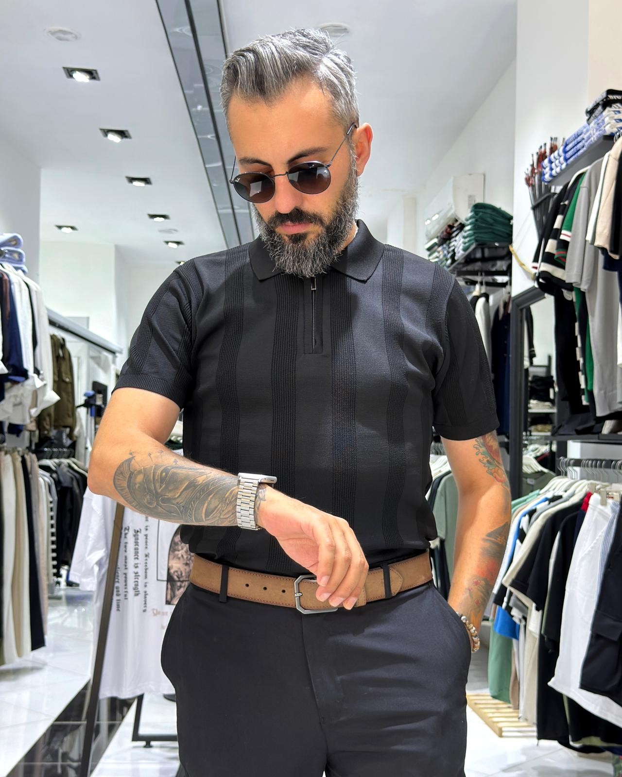  Desenli Polo Yaka Yarım Fermuarlı Erkek T-Shirt