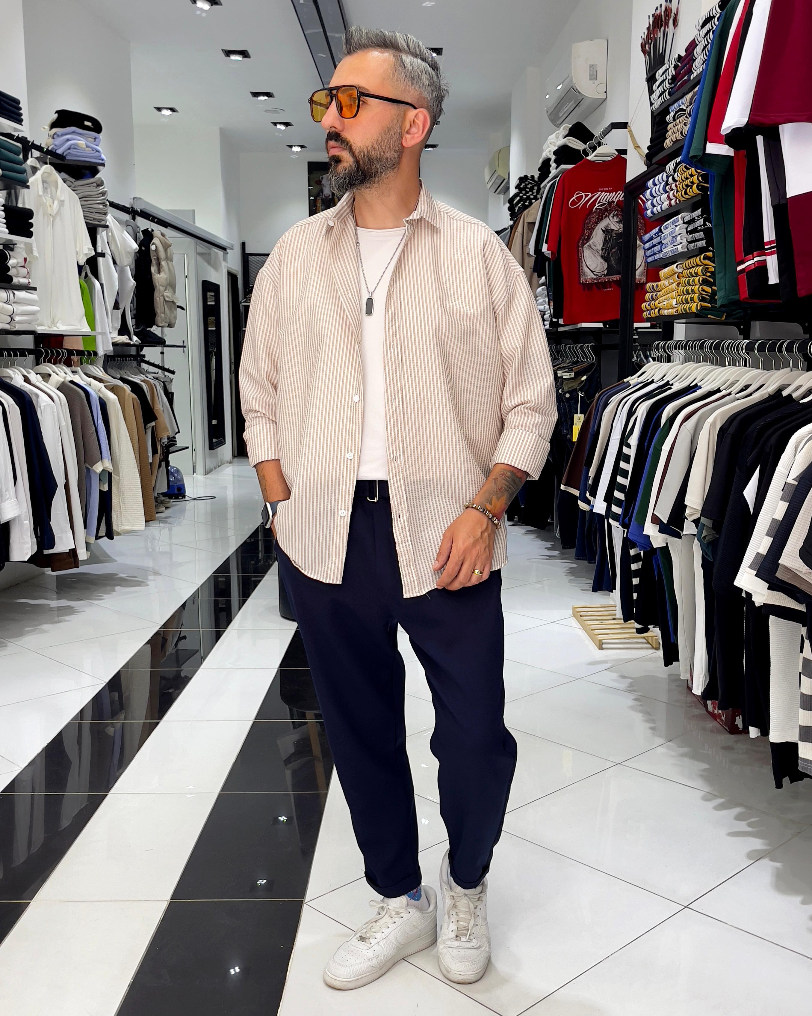Gofre Kumaş Çizgili Oversize Erkek Gömlek