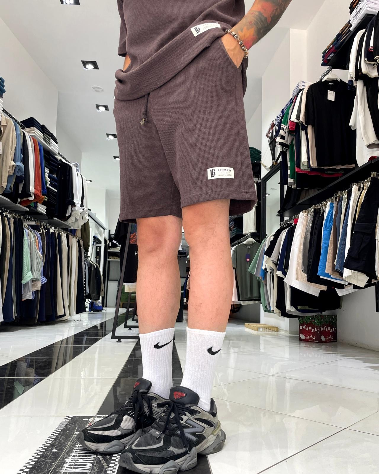 Waffle Kumaş Oversize Erkek T-Shirt & Şort İkili Takım - kahve