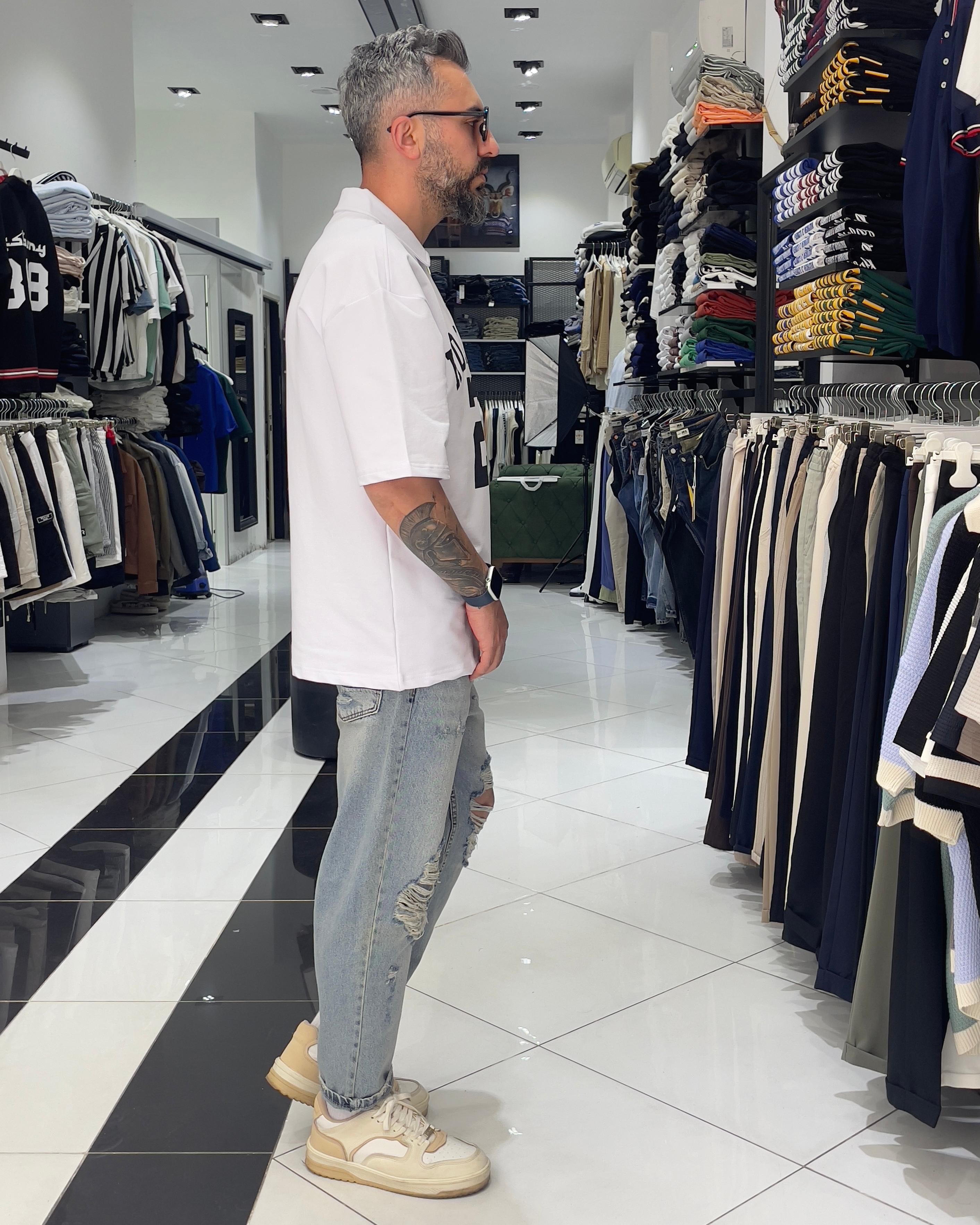 Hommie Baskili Oversize Erkek Polo Yaka T-Shirt - beyaz