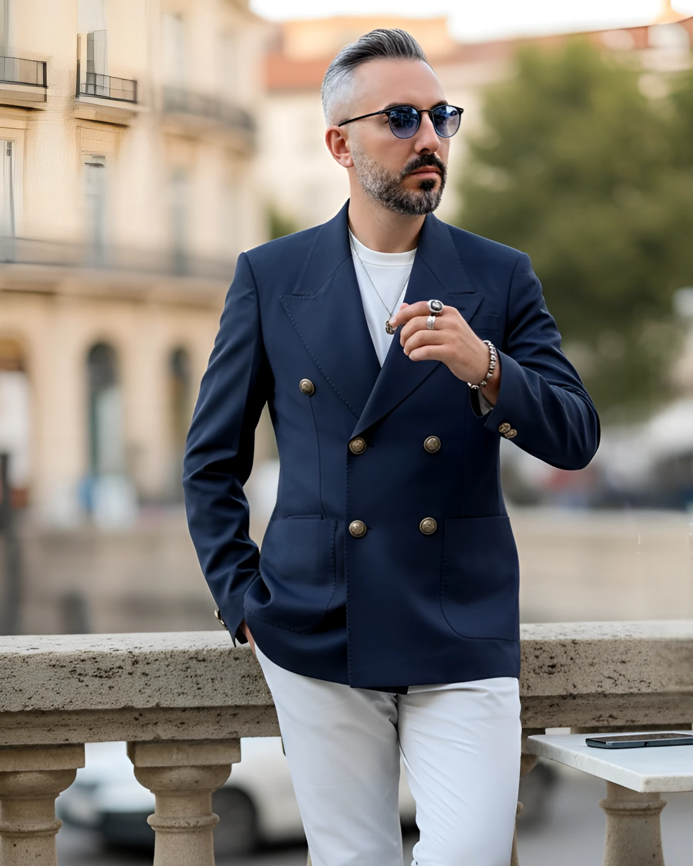 Old Money Gold Düğmeli İtalyan Kesim Erkek Kruvaze Ceket - lacivert