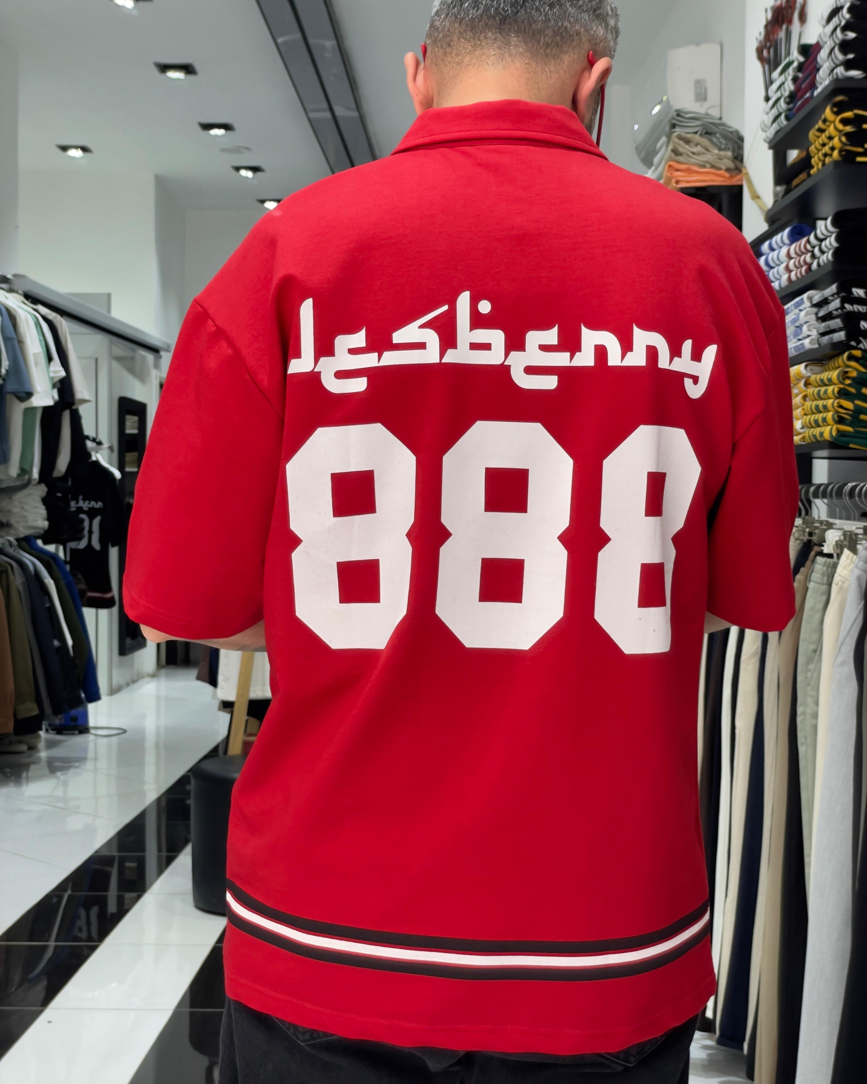 888 Baskılı Oversize Polo Yaka Erkek T-Shirt - kırmızı