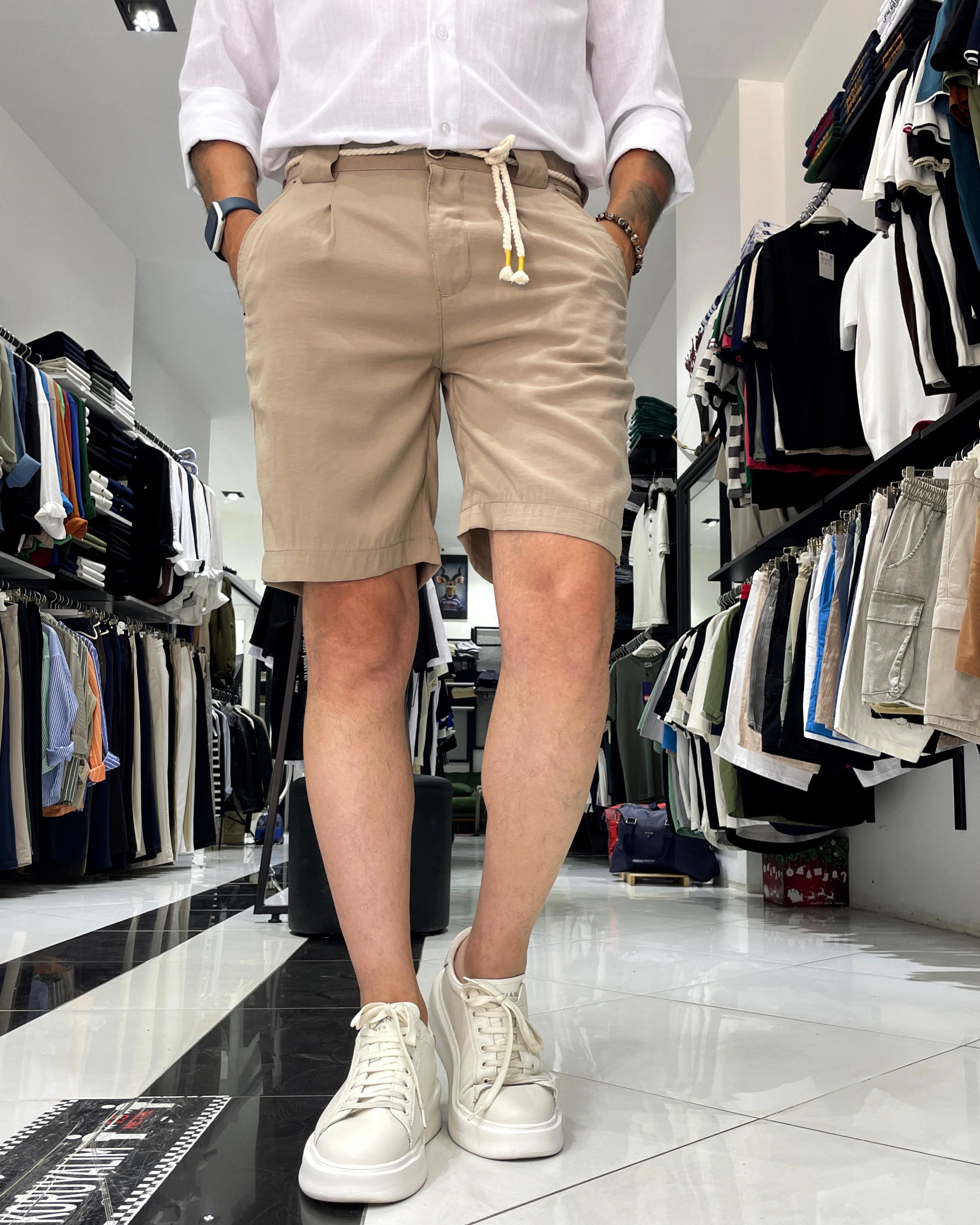 Modal Fabric Belt Detailed Men's Shorts - Beige