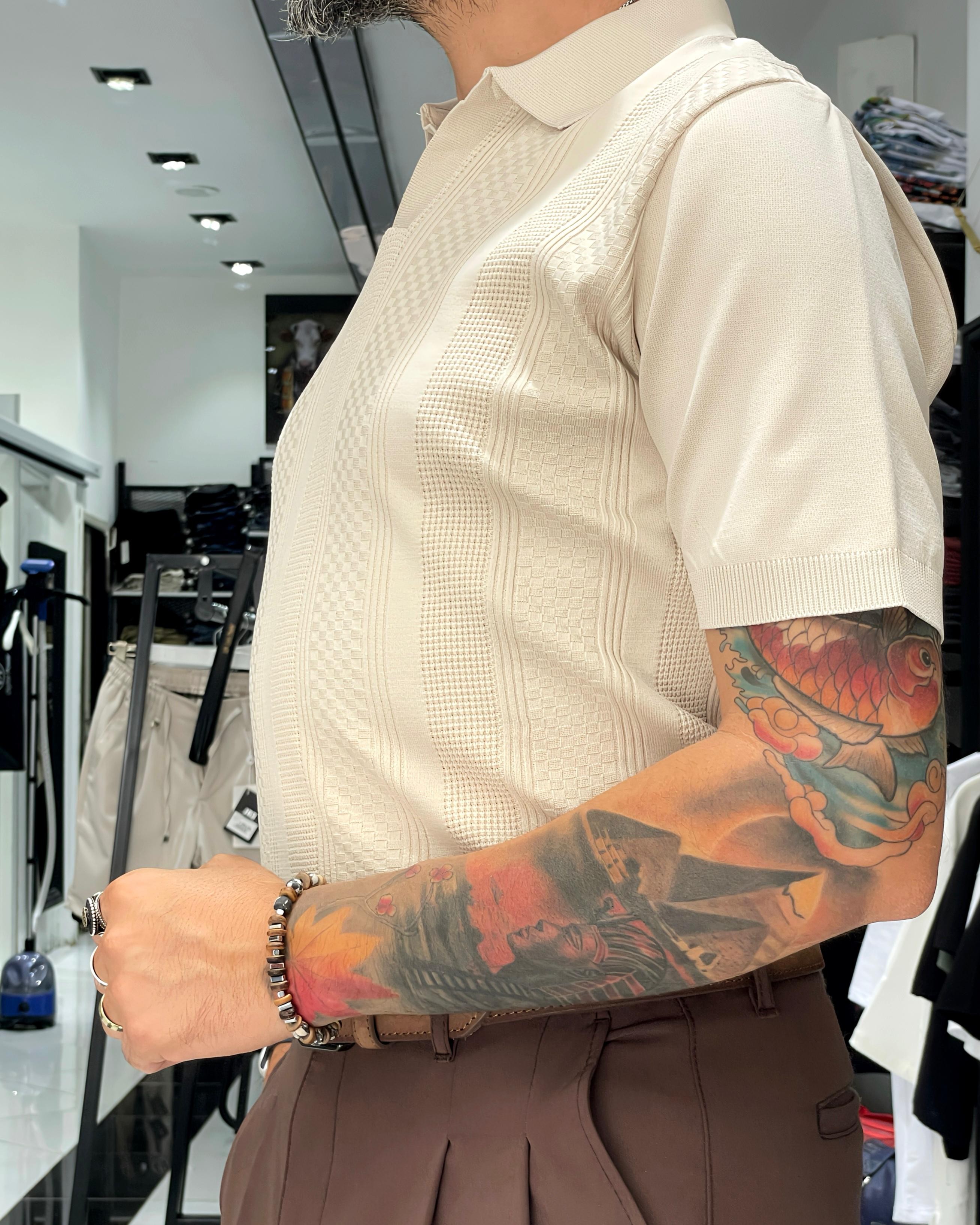 Kendinden Desenli Triko Erkek Polo Yaka T-Shirt - krem