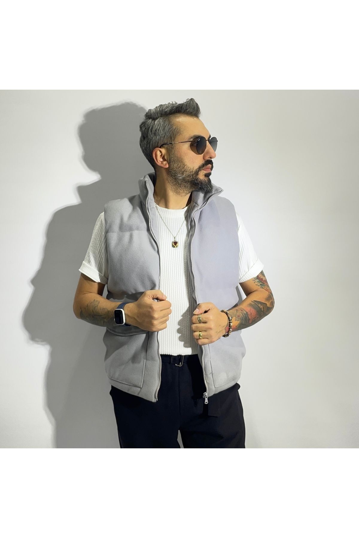 Fiber Filled Cashmere Zippered Men's Vest - Grey