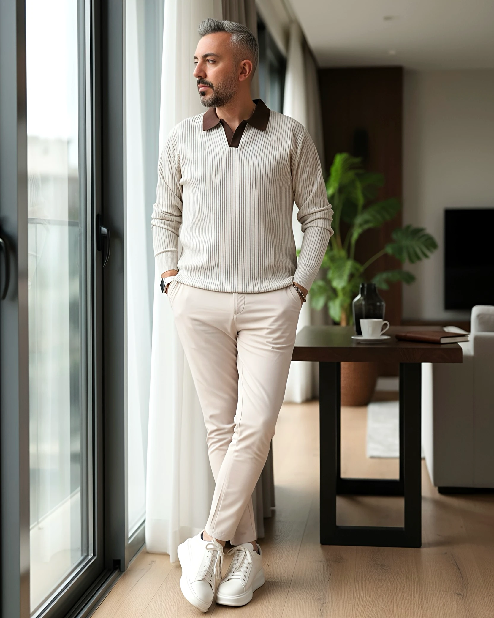 Old Money Triko Polo Yaka Erkek Kazak - krem