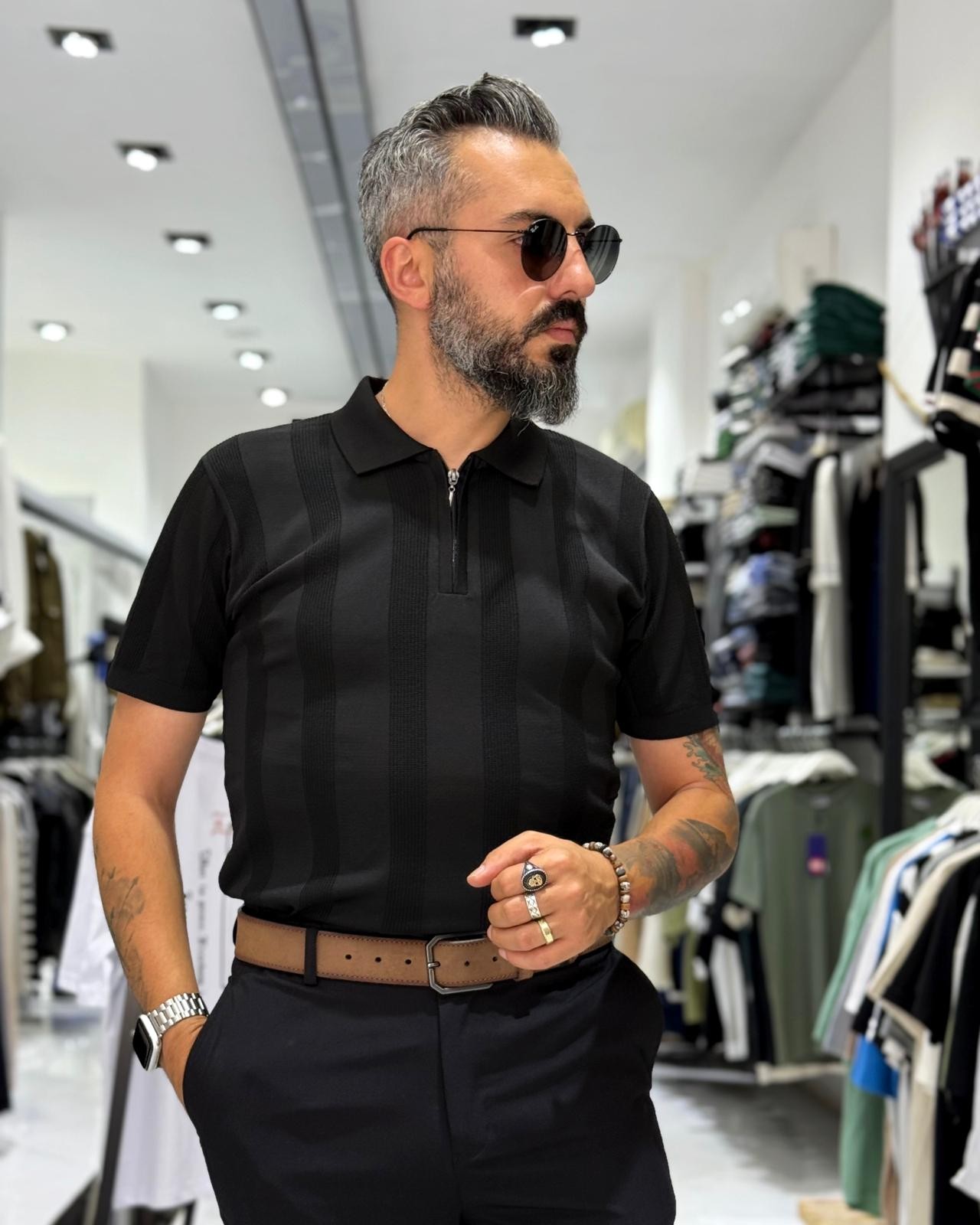  Desenli Polo Yaka Yarım Fermuarlı Erkek T-Shirt