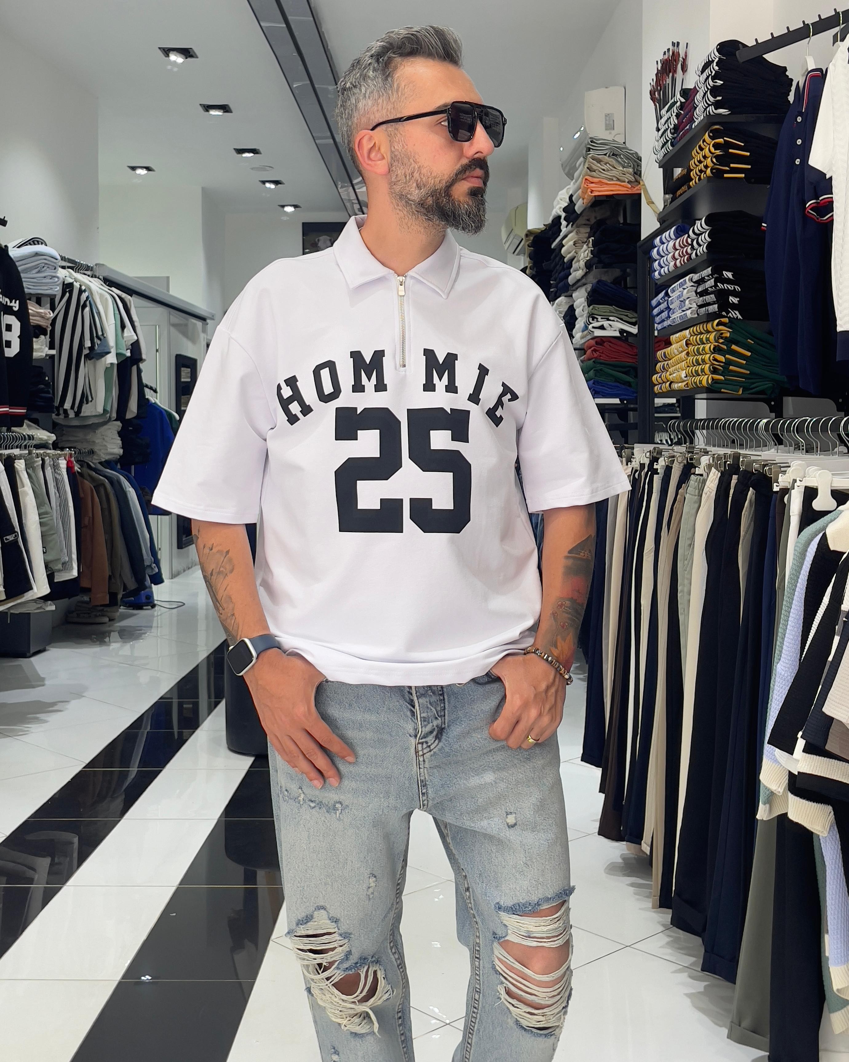 Hommie Baskili Oversize Erkek Polo Yaka T-Shirt - beyaz