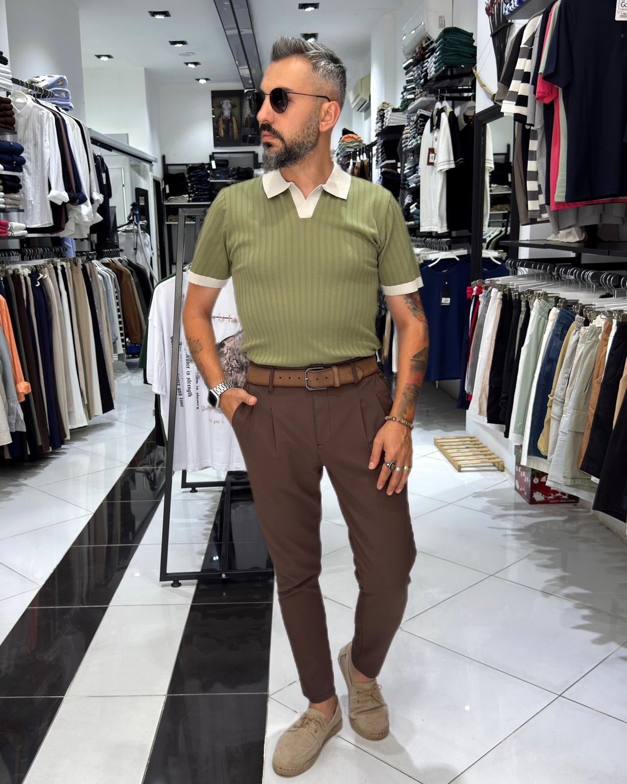 Yaka Detaylı Erkek Triko Polo Yaka T-Shirt - yeşil