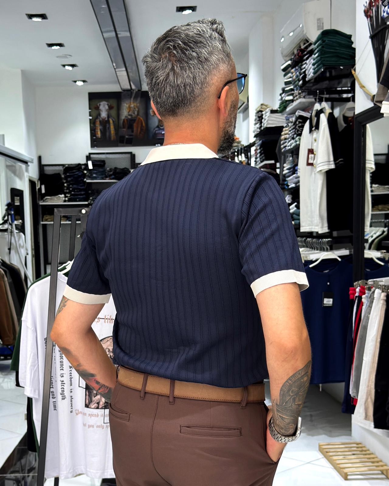 Yaka Detaylı Erkek Triko Polo Yaka T-Shirt - lacivert