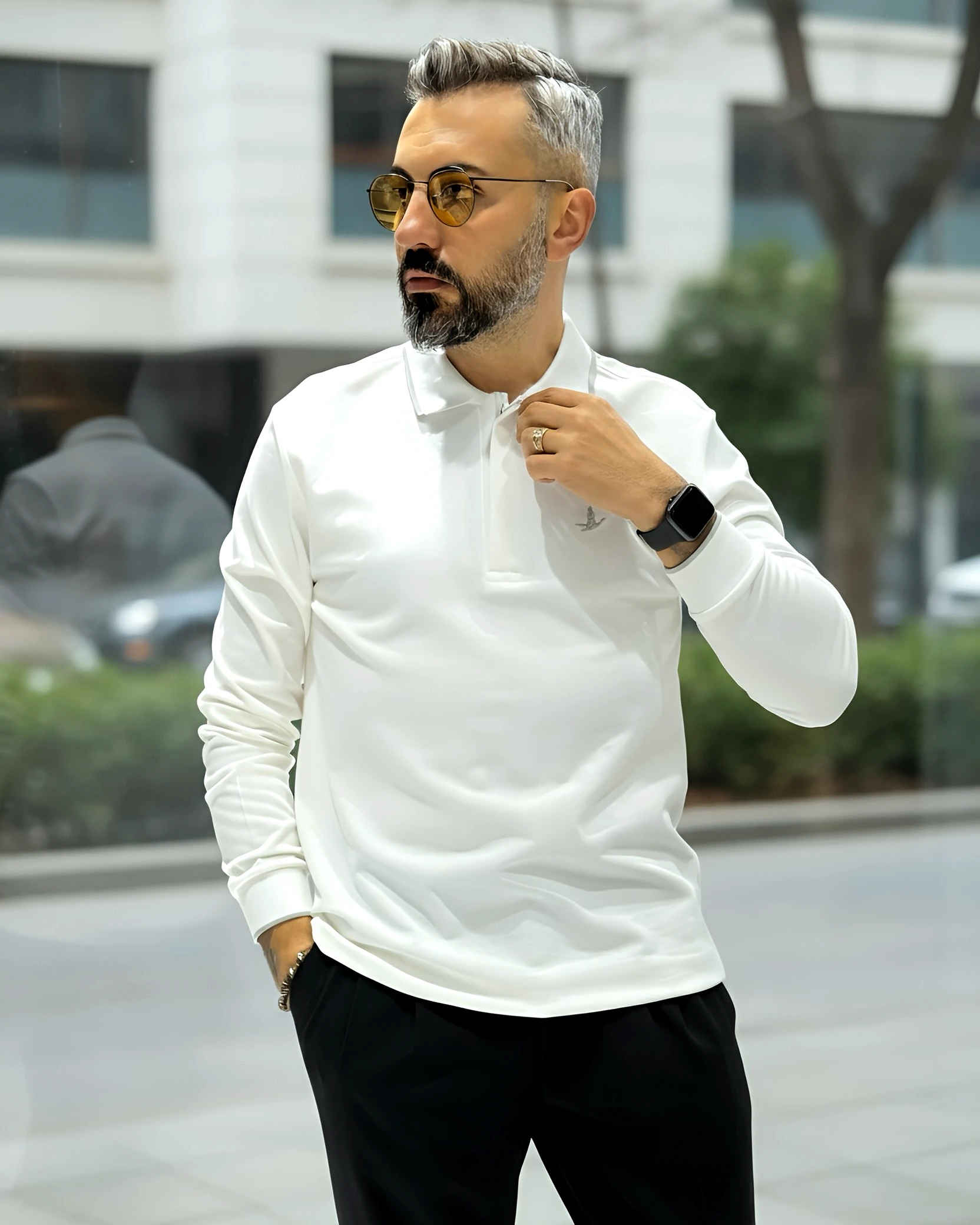 Uzun Kollu  Yarım Fermuarlı Pike Kumaş Erkek Polo - beyaz