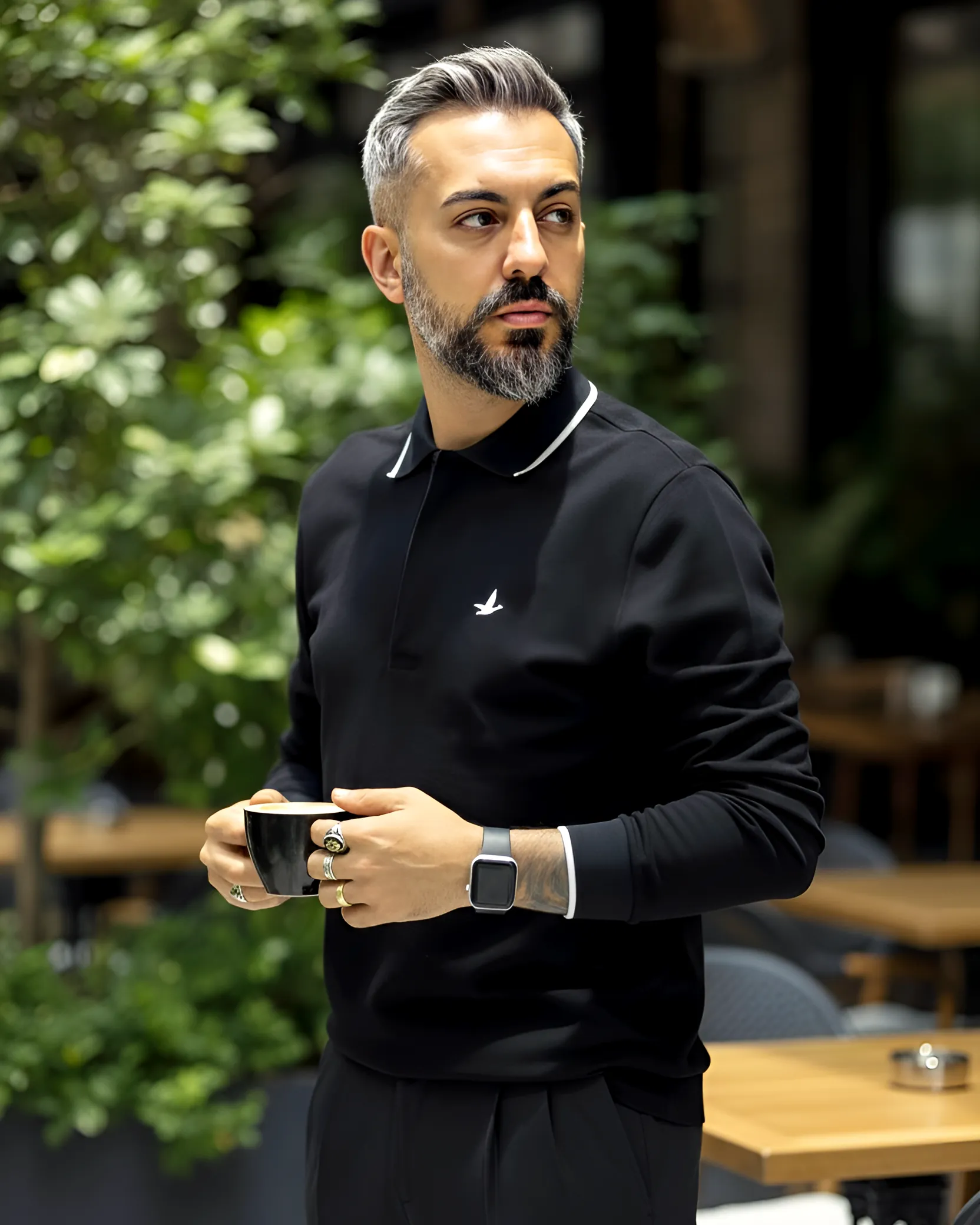 Uzun Kollu  Yarım Fermuarlı Pike Kumaş Erkek Polo - siyah