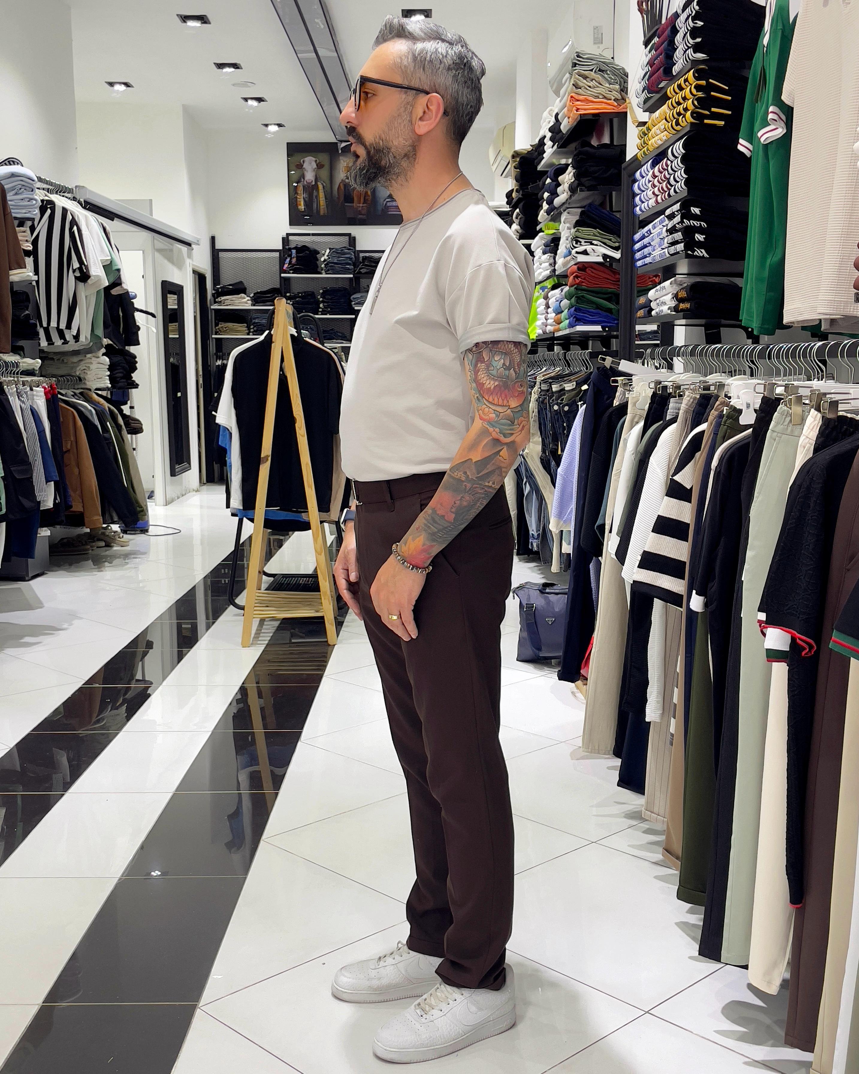 Italian Style Belted Men's Fabric Trousers - Brown