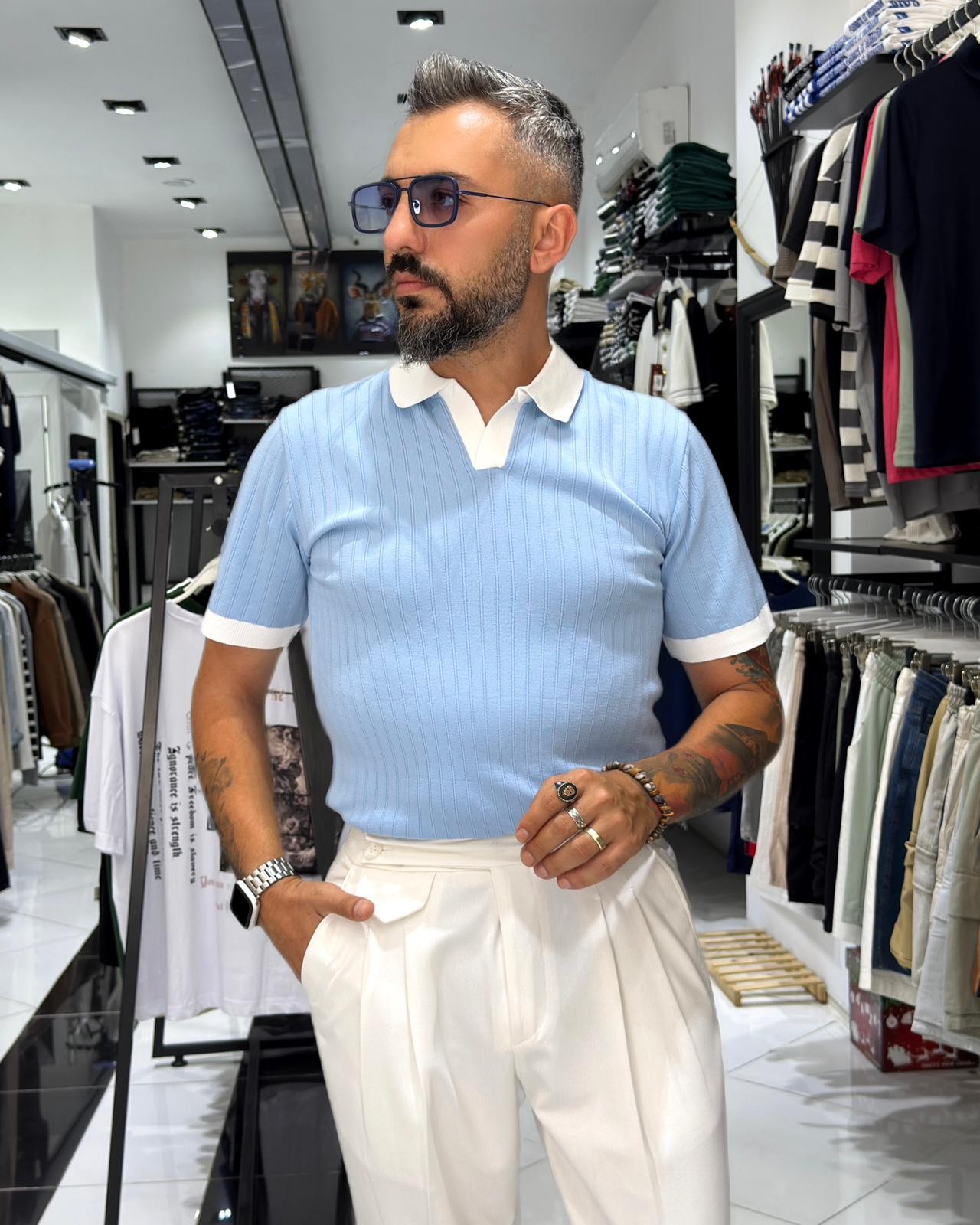 Yaka Detaylı Erkek Triko Polo Yaka T-Shirt - Bebe Mavisi