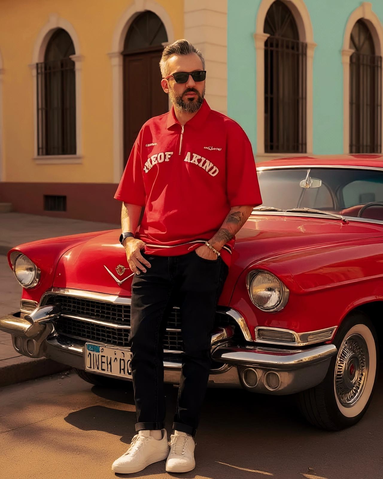 888 Baskılı Oversize Polo Yaka Erkek T-Shirt - kırmızı