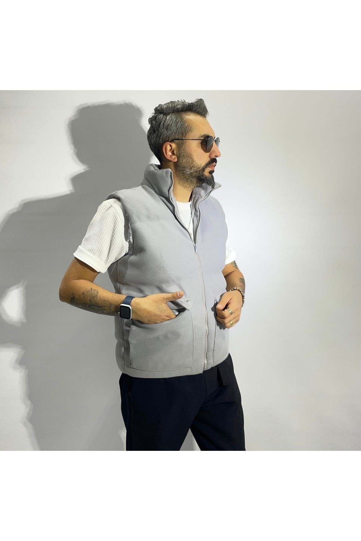 Fiber Filled Cashmere Zippered Men's Vest - Grey