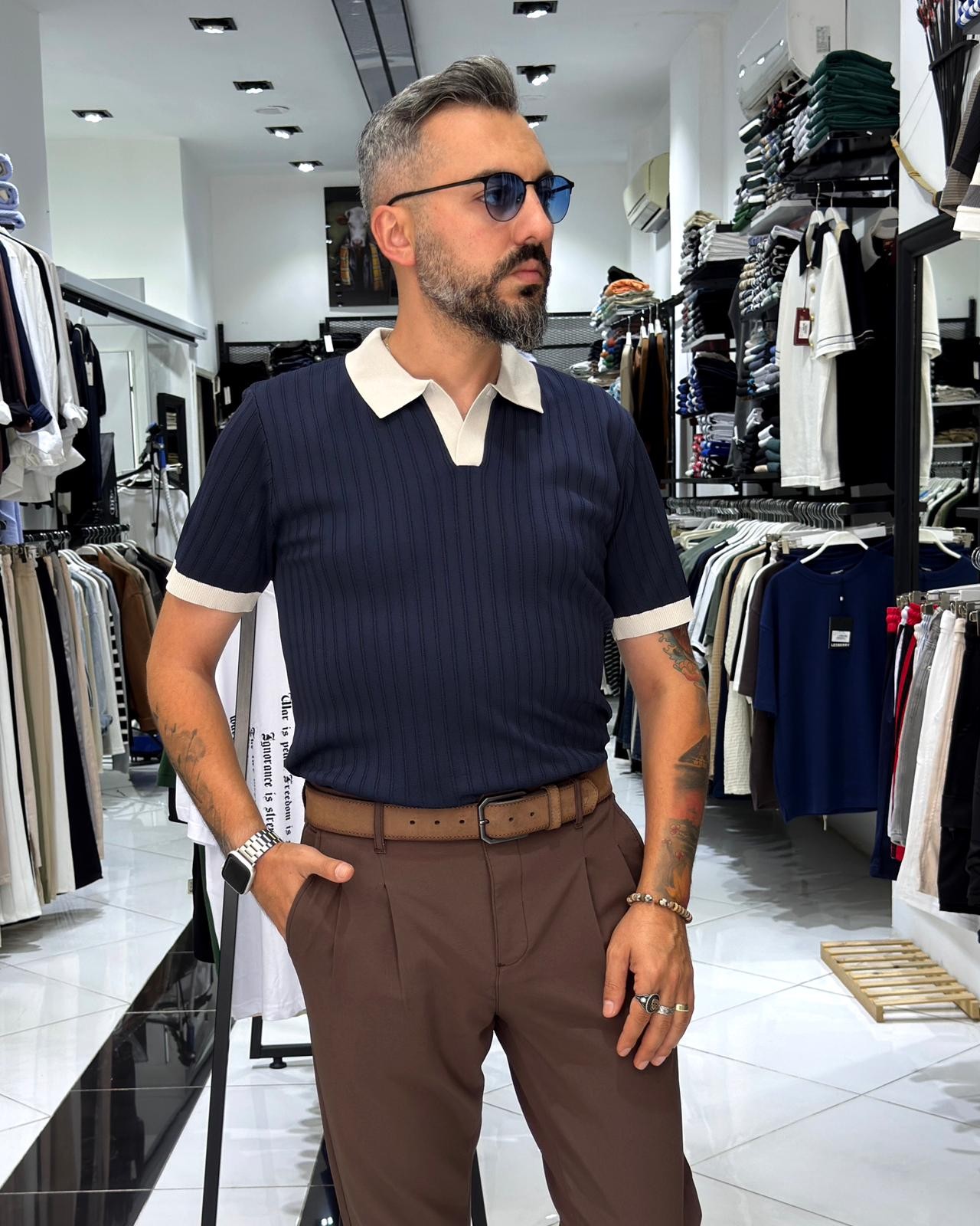 Yaka Detaylı Erkek Triko Polo Yaka T-Shirt - lacivert