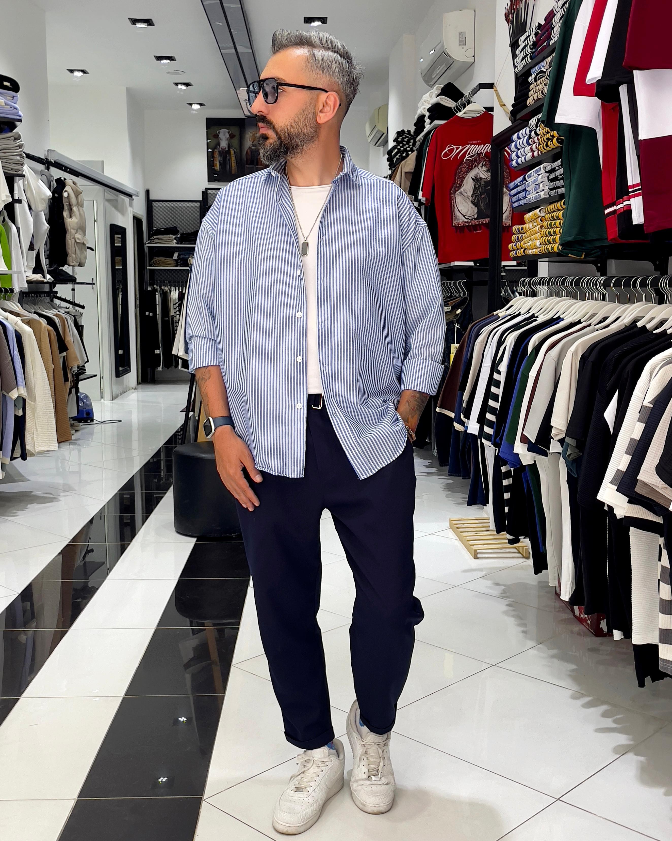 Gofre Kumaş Çizgili Oversize Erkek Gömlek - mavi