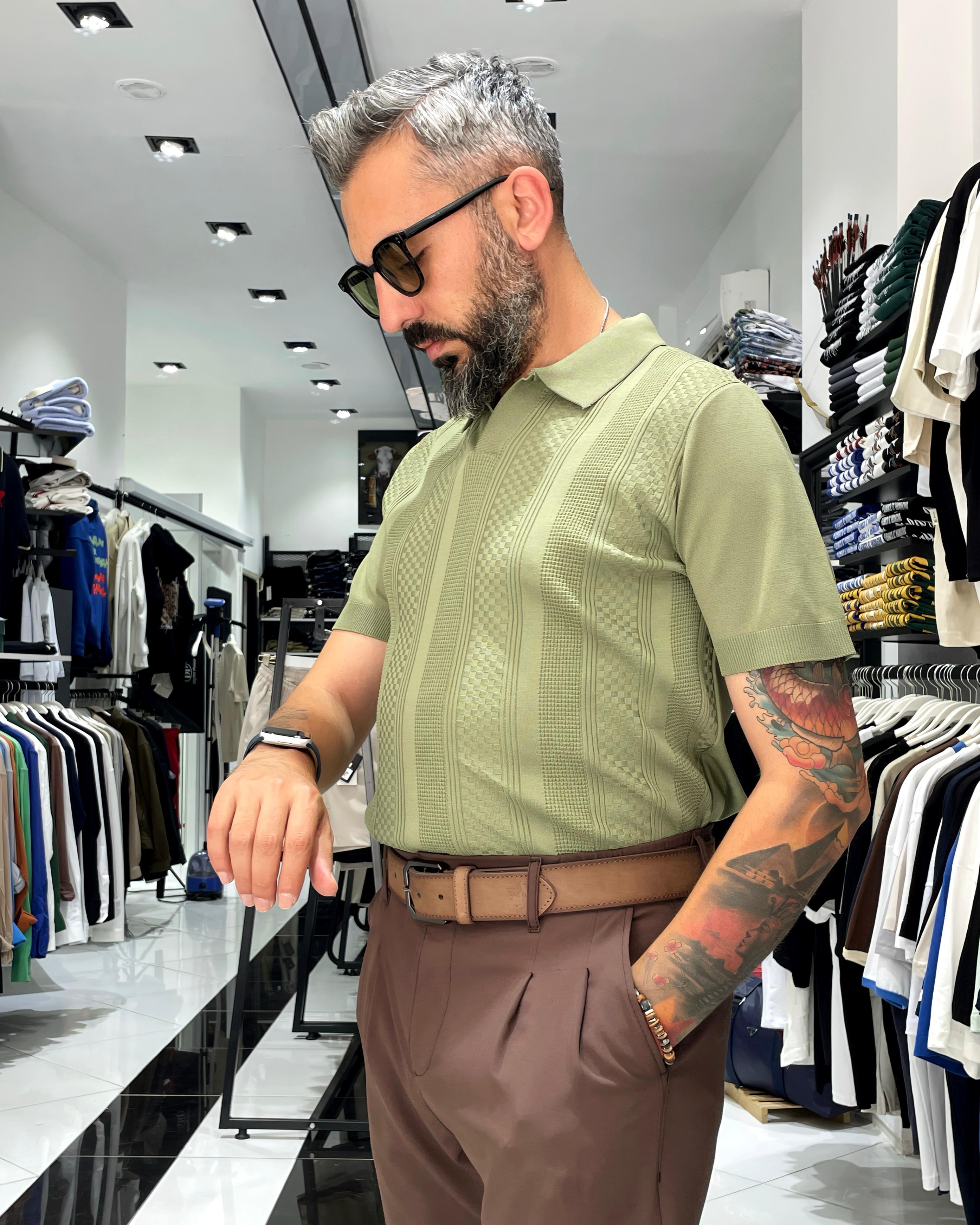 Kendinden Desenli Triko Erkek Polo Yaka T-Shirt