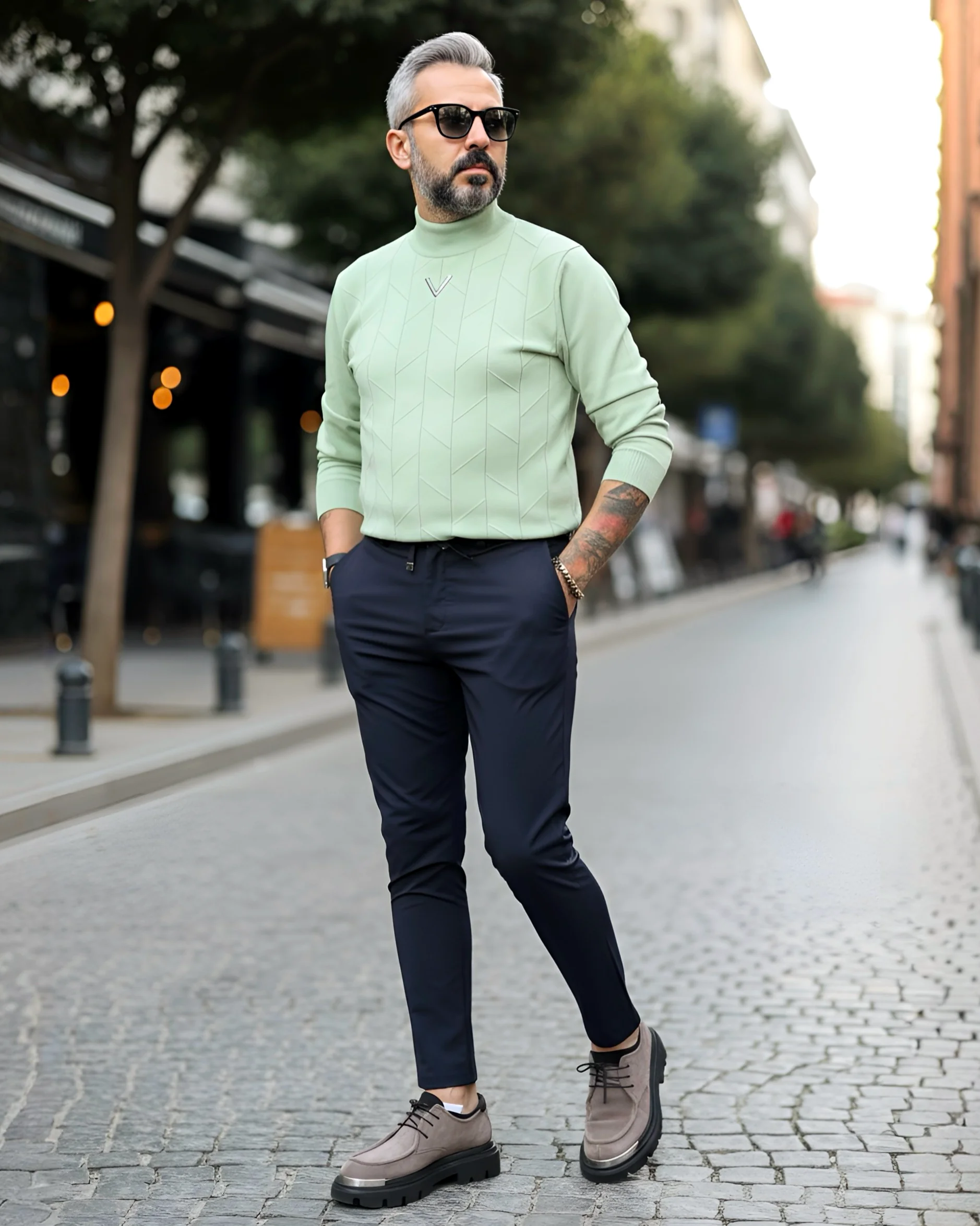 Yarım Balıkçı Desenli Triko Erkek Kazak - yeşil