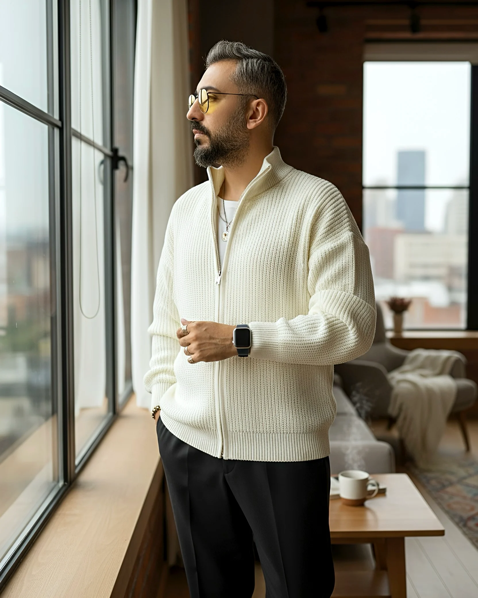 Knitted Zippered Oversize Men's Cardigan - Ecru