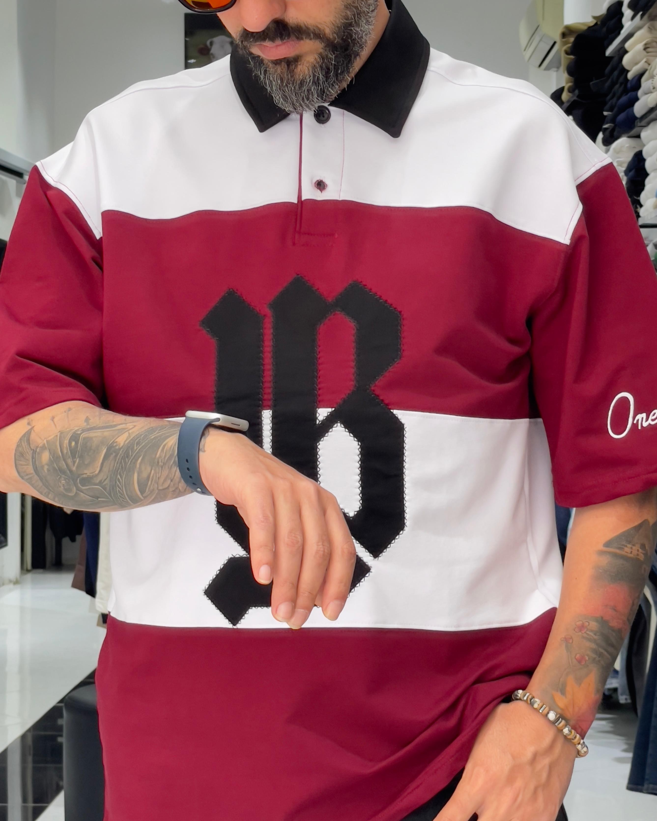 LB Nakışlı Yarım Fermuarlı Oversize Polo Yaka Erkek T-Shirt - bordo