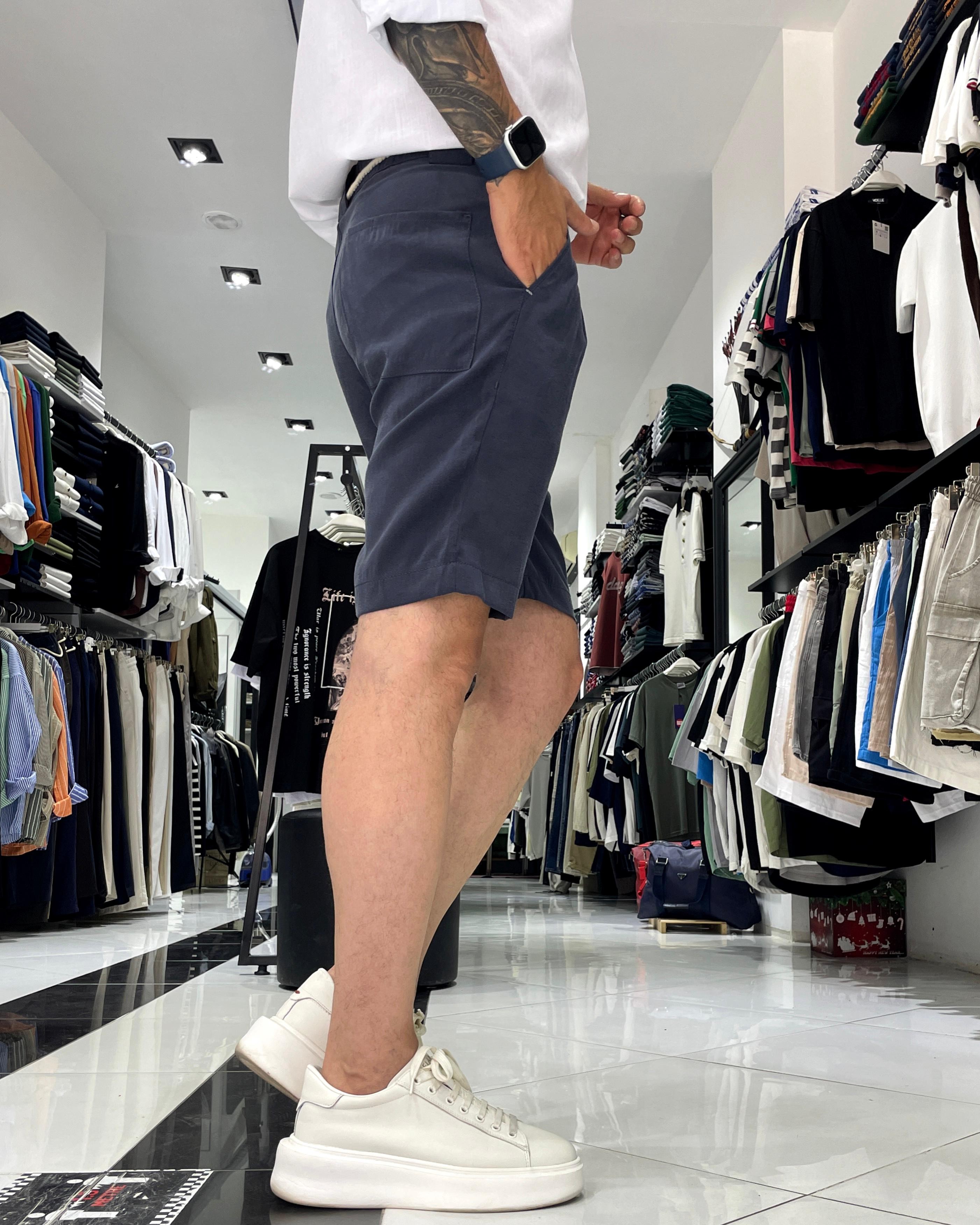 Modal Fabric Belt Detailed Men's Shorts - Navy blue