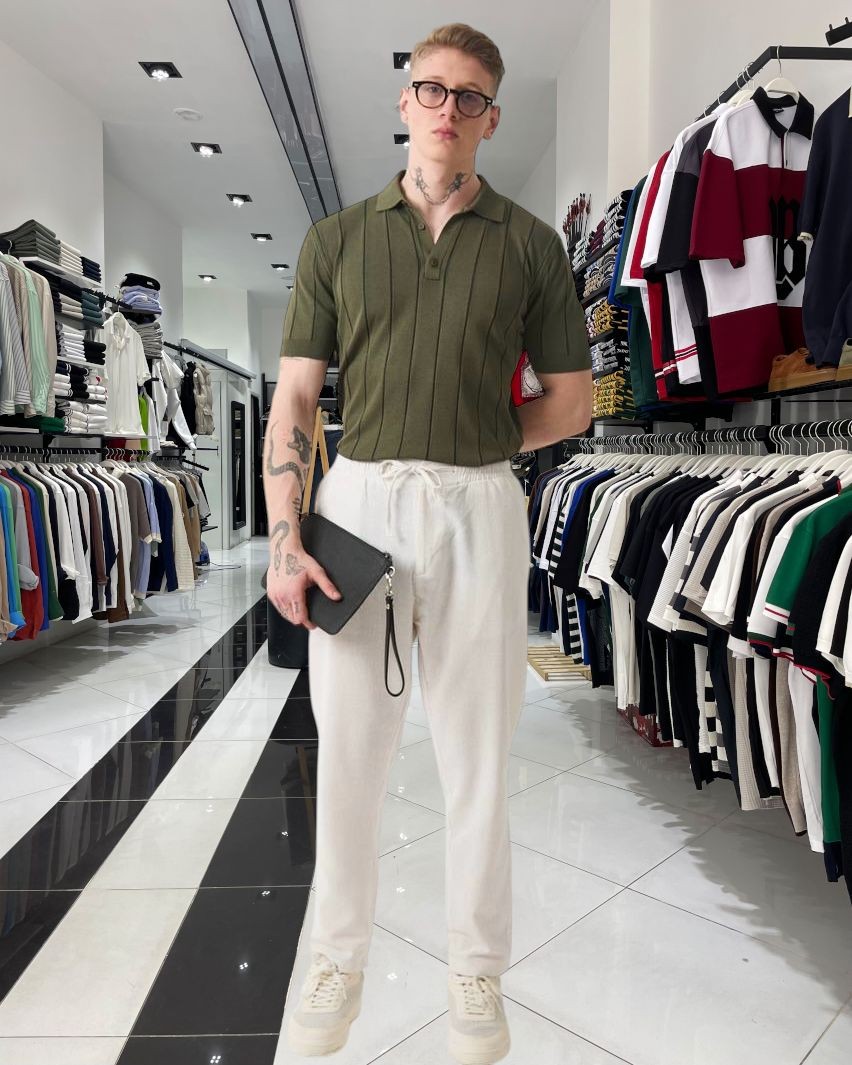 Dikey Desenli Triko Polo Yaka Erkek T-Shirt - haki