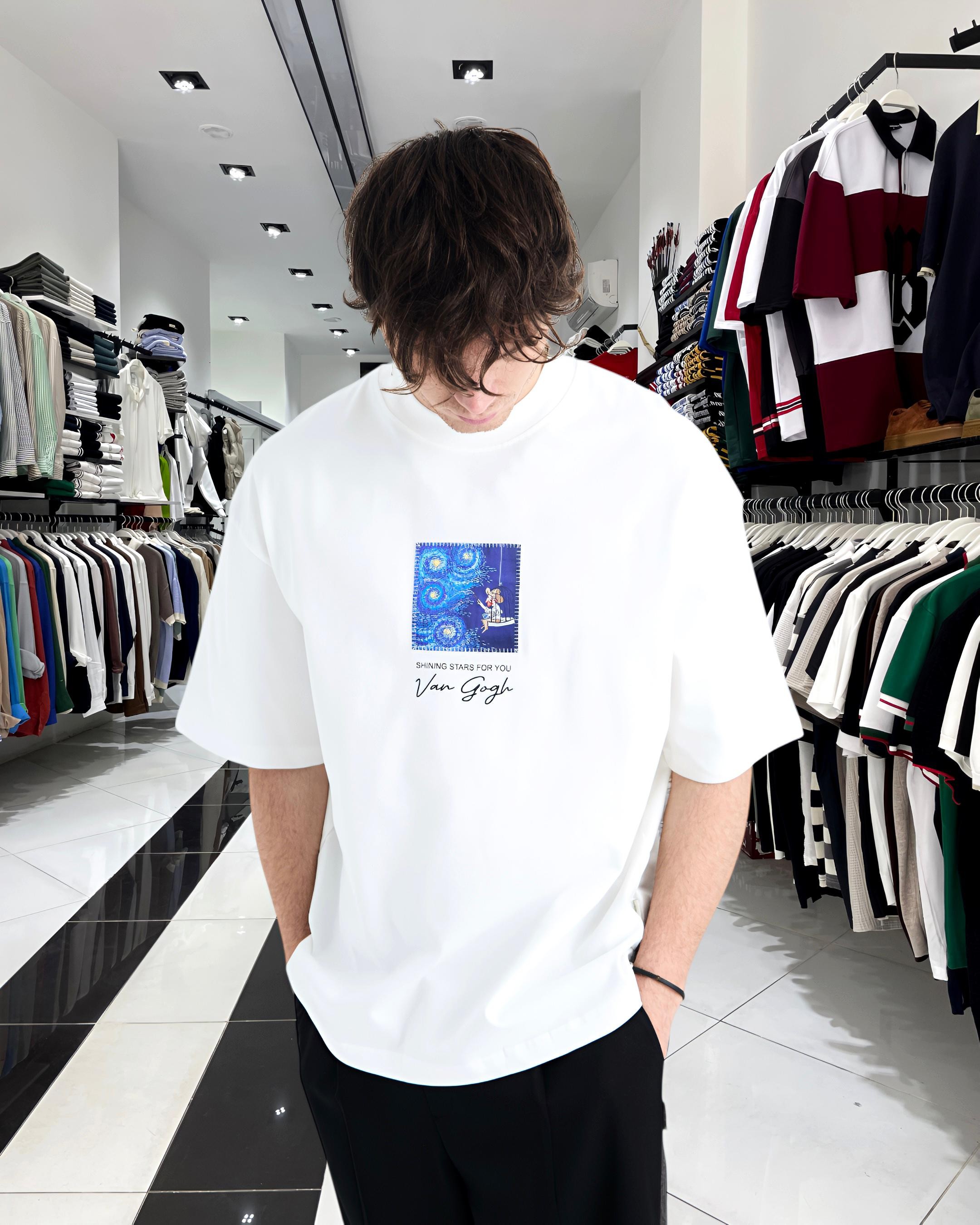 Starry Vision Sırt Kumaş Baskı Van Gogh Oversize Erkek T-Shirt - beyaz