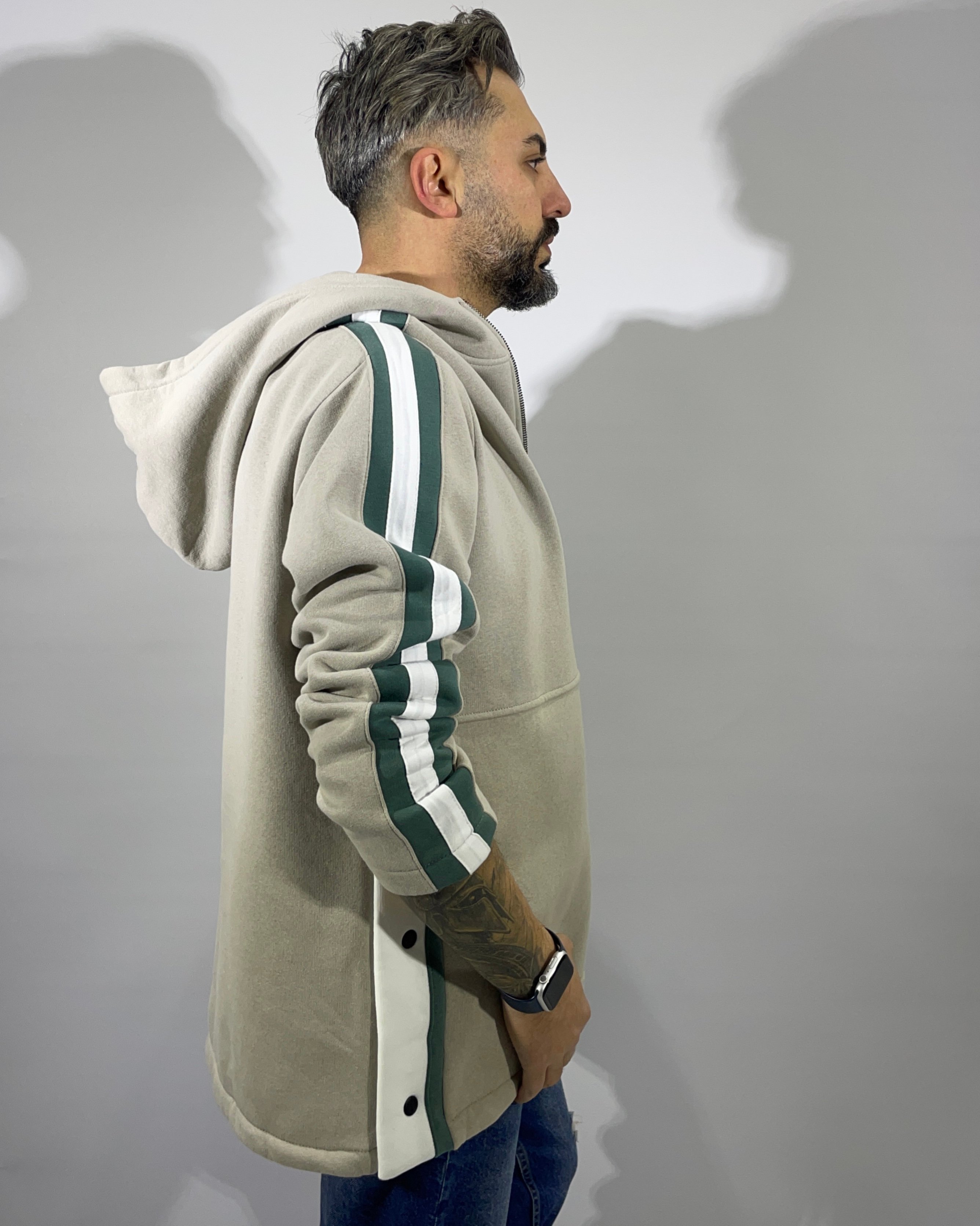 Şerit ve Düğme Detaylı Oversize Erkek Kapüşonlu Sweatshirt - gri