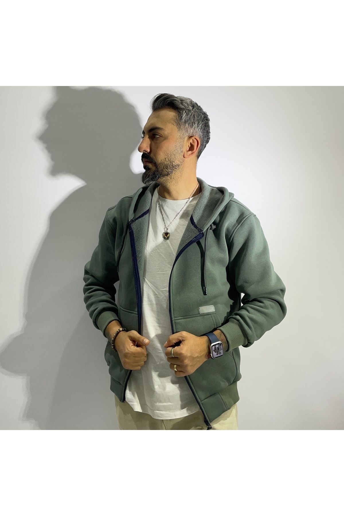 Fermuarlı Kapüşonlu Basic Erkek Sweatshirt - yeşil
