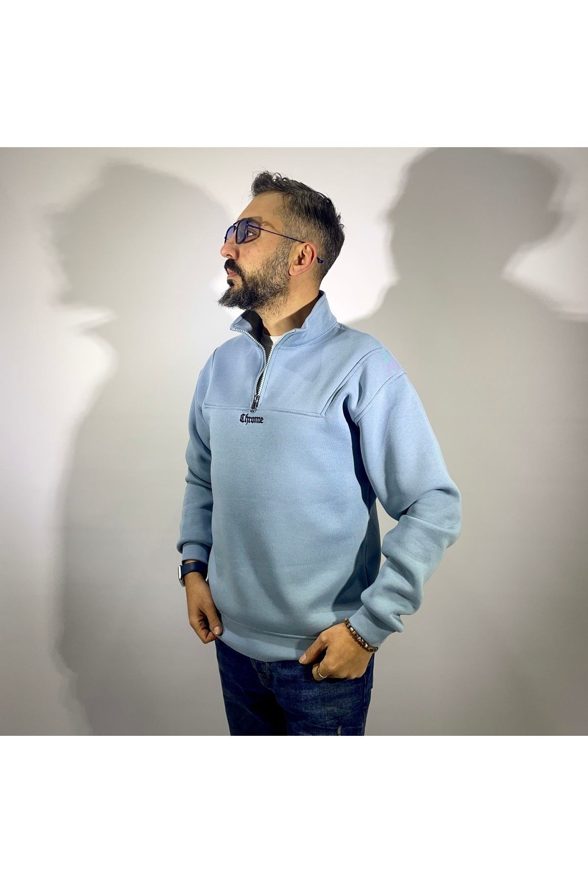 Yarım Fermuarlı Oversize Erkek Sweatshirt - mavi