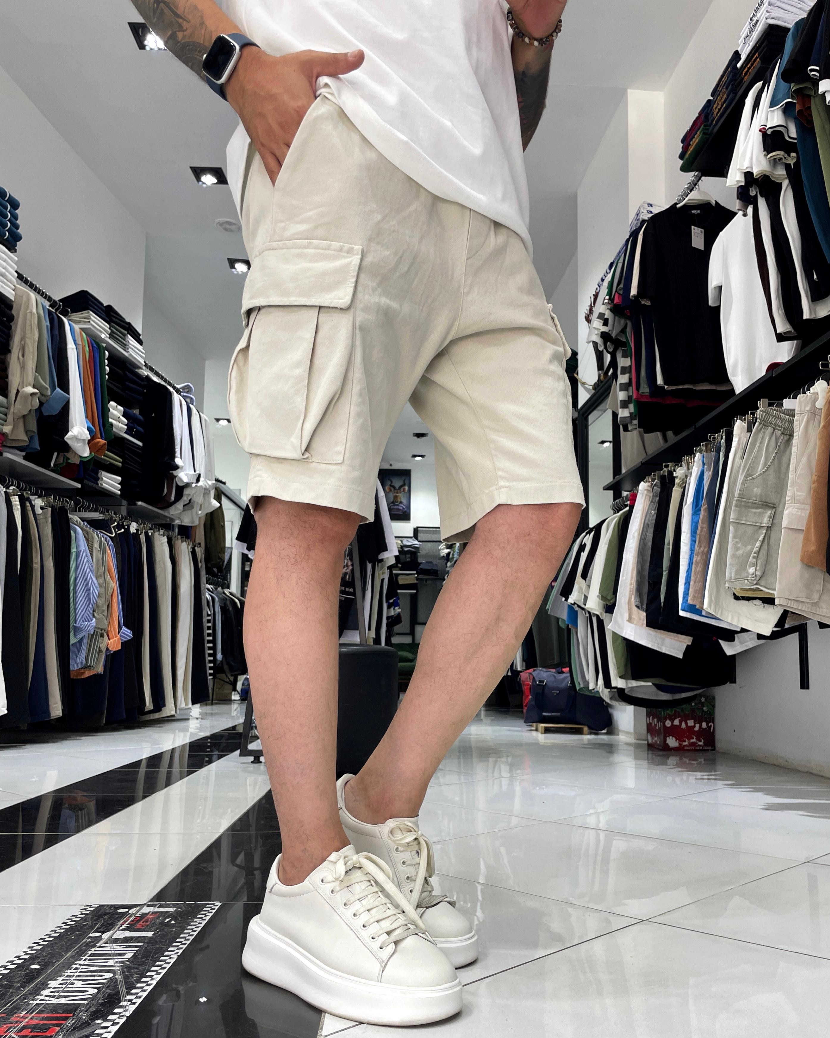 Elastic Waist Denim Shorts with Cargo Pockets - Grey