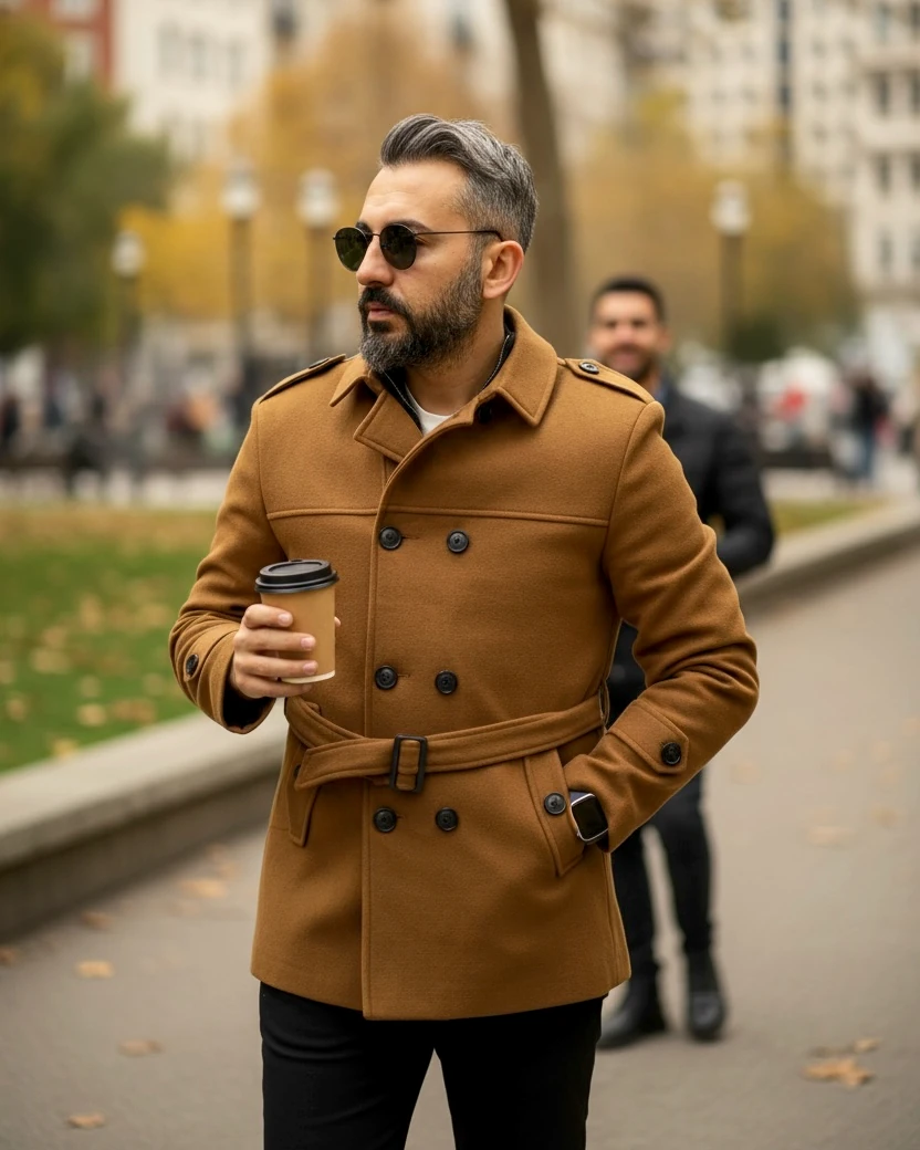 Men's Cashmere Coat with Belt and Epaulette Detail - Camel