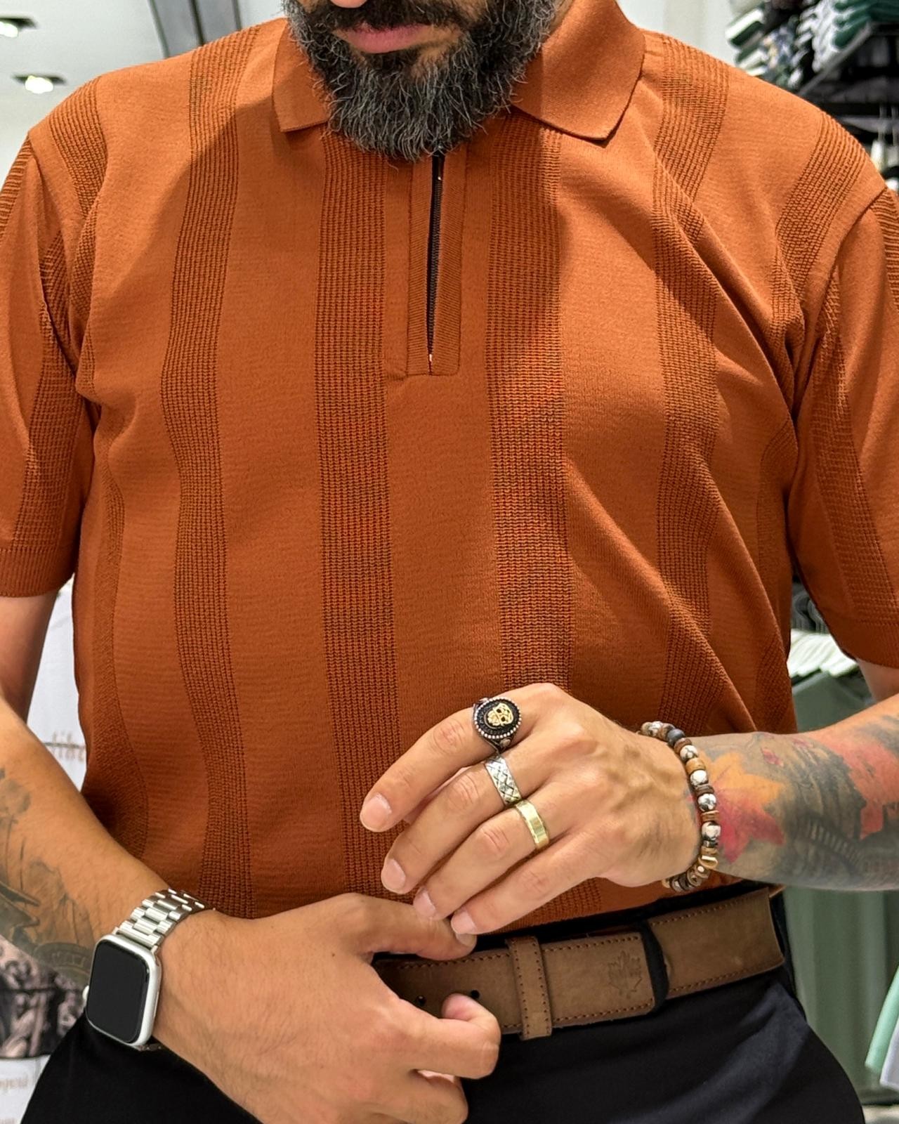  Desenli Polo Yaka Yarım Fermuarlı Erkek T-Shirt - kiremit