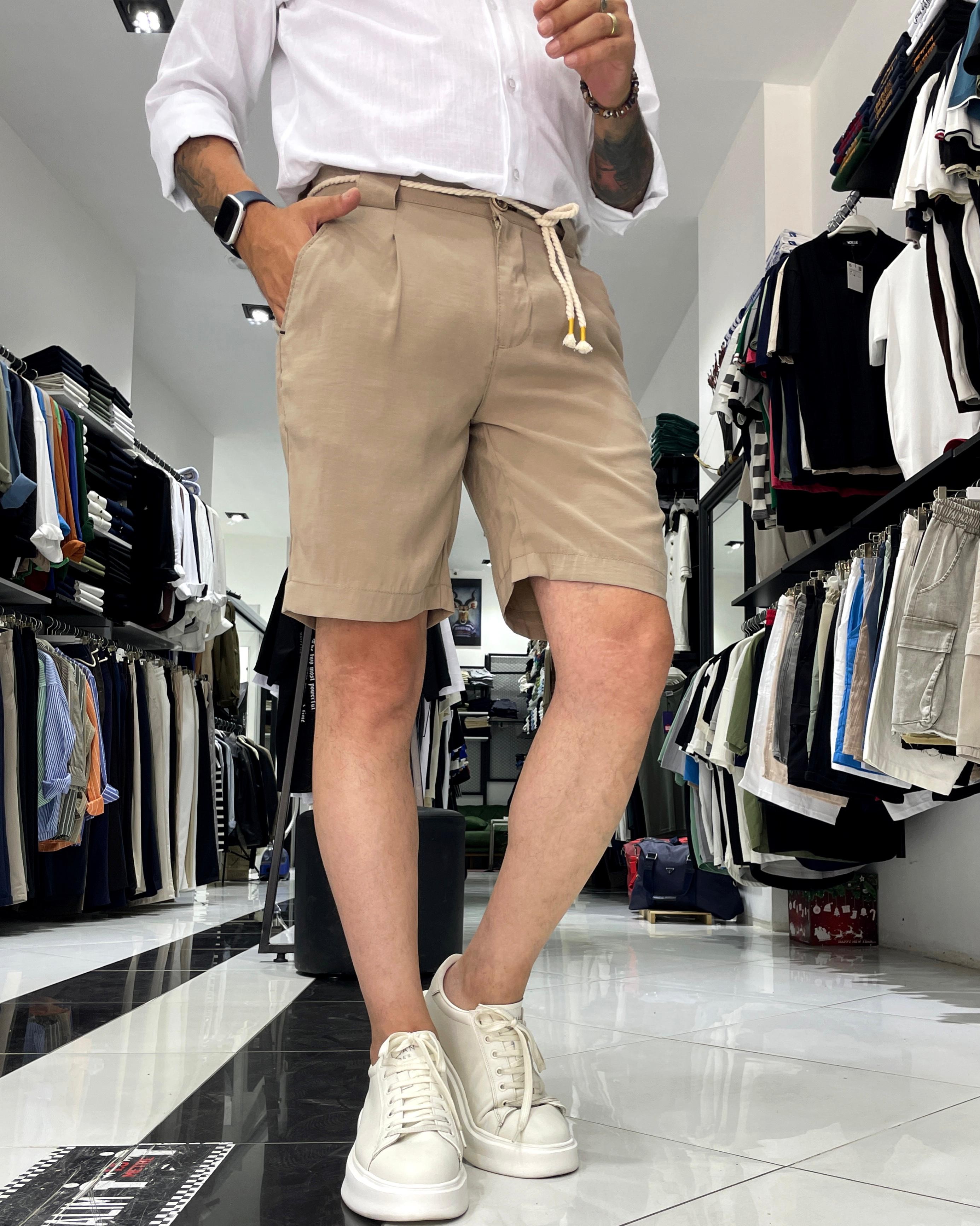 Modal Fabric Belt Detailed Men's Shorts - Beige