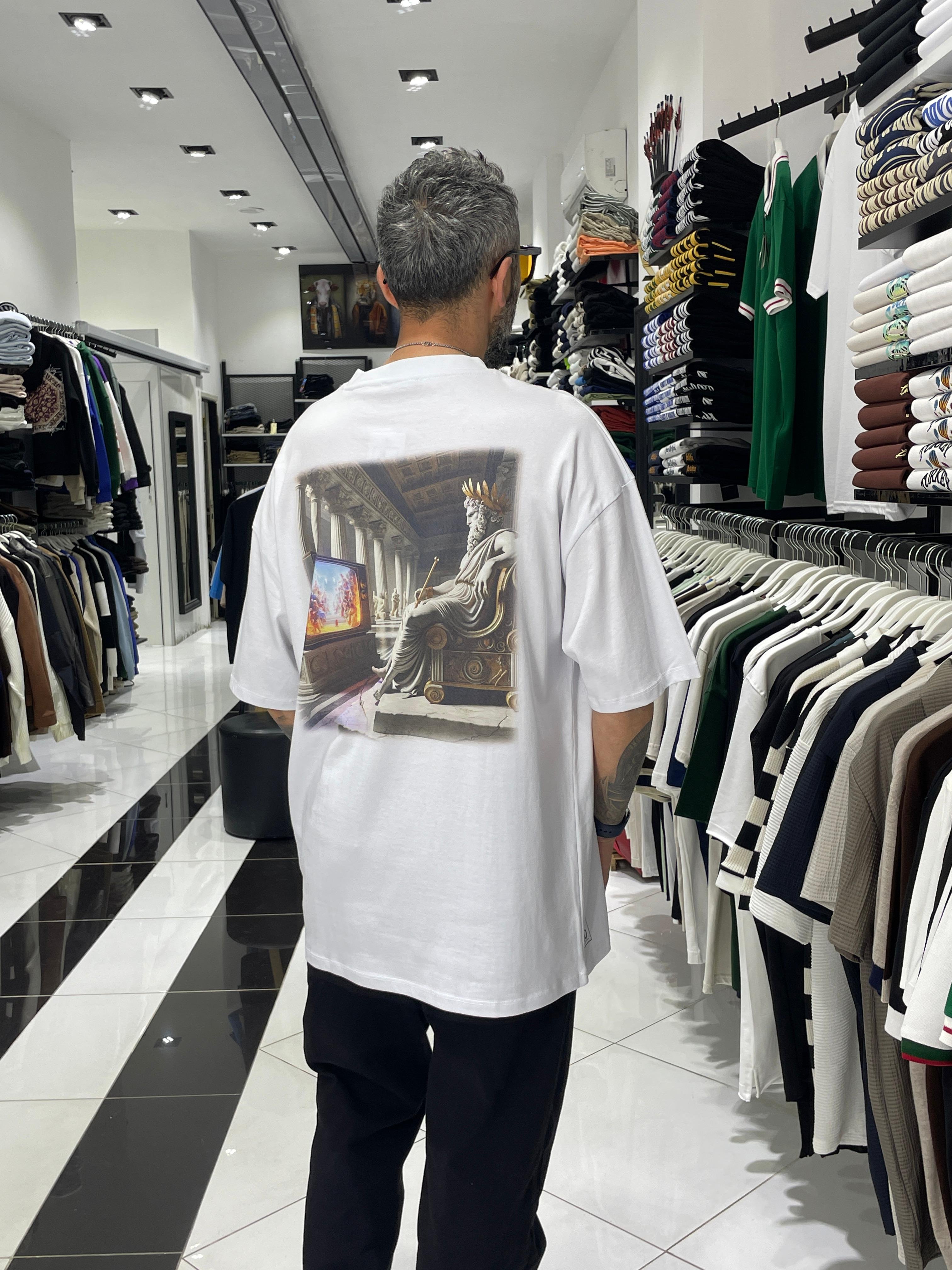 Oversize Zeus Sırt Baskılı Beyaz Erkek Tişört