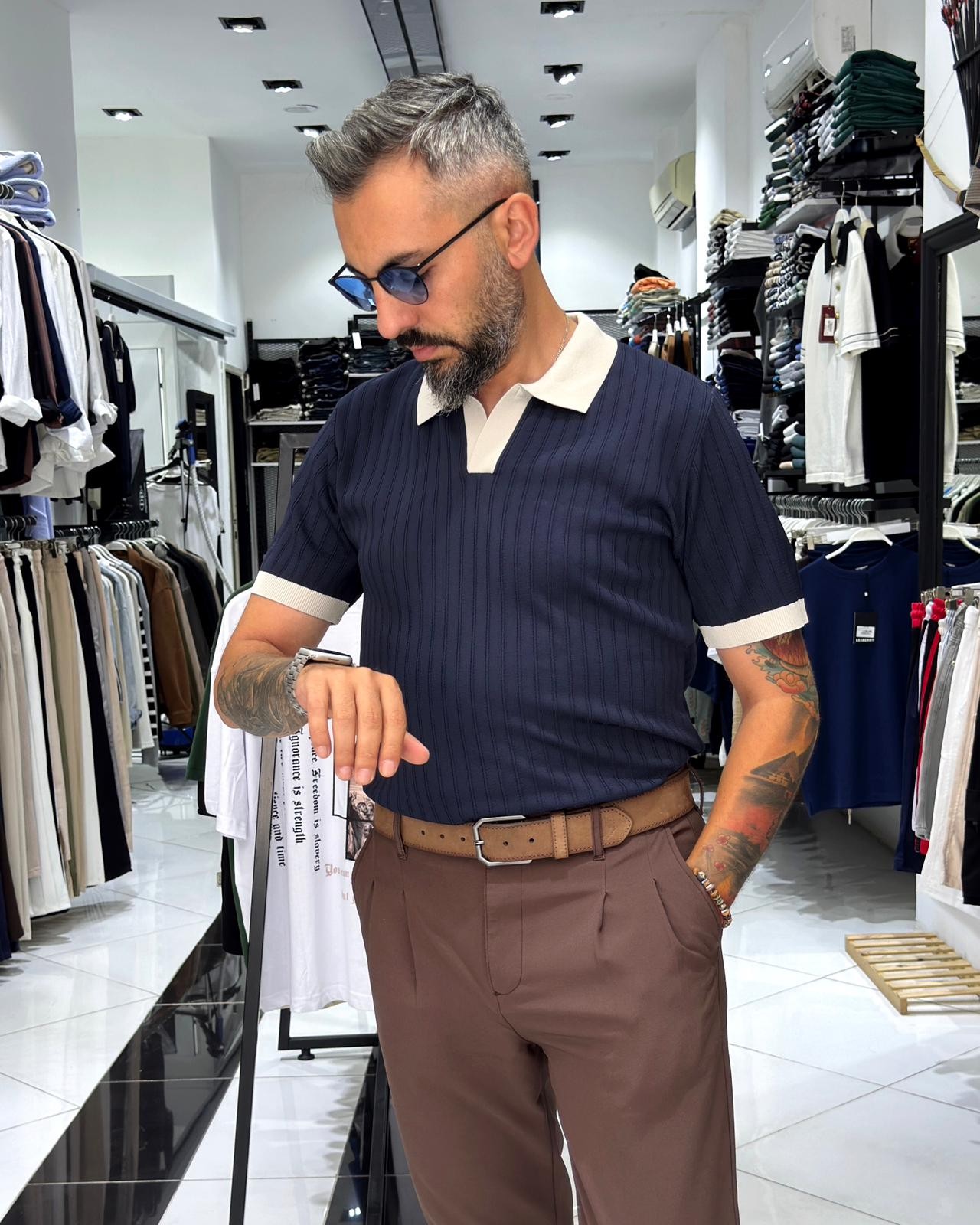 Yaka Detaylı Erkek Triko Polo Yaka T-Shirt - lacivert