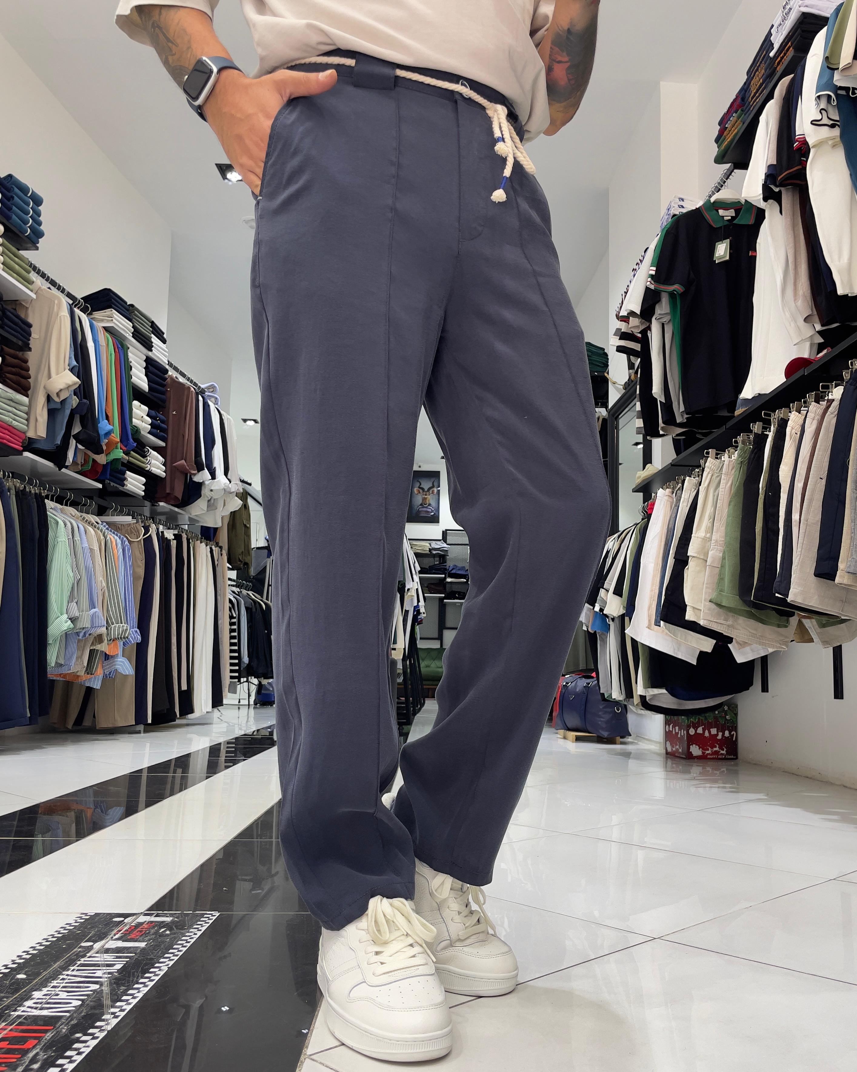 Modal Kumaş Kemer Detaylı Baggy Fit Erkek Pantolon - indigo