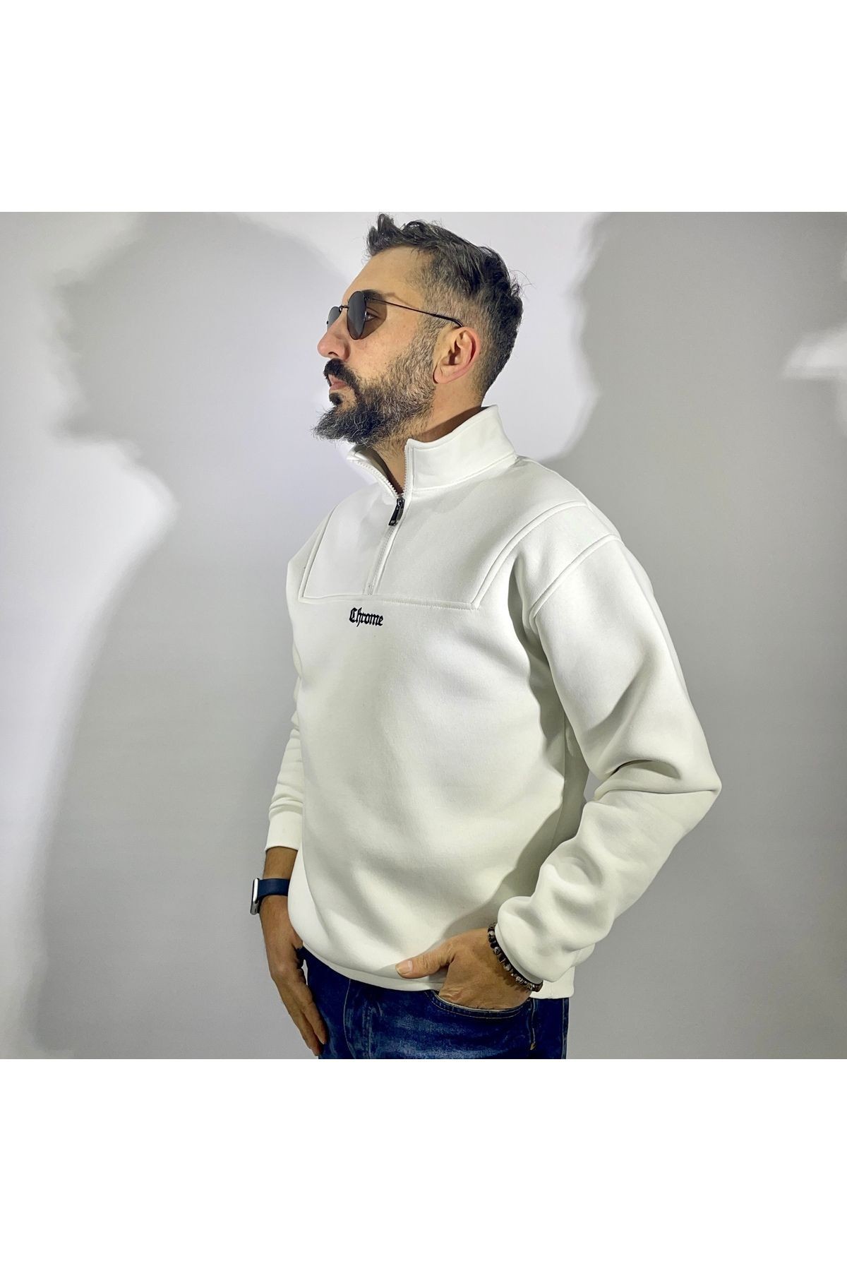 Yarım Fermuarlı Oversize Erkek Sweatshirt - ekru