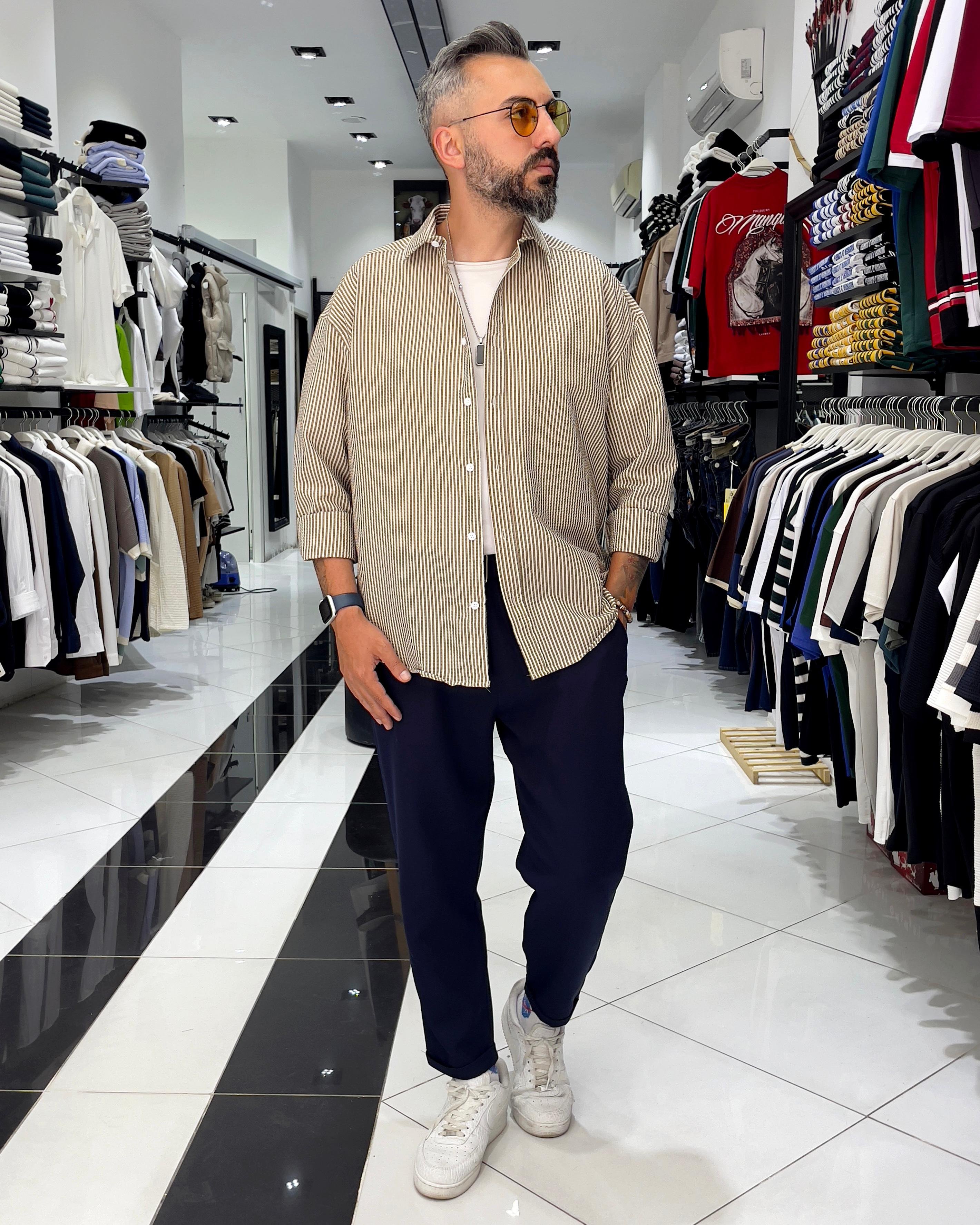 Gofre Kumaş Çizgili Oversize Erkek Gömlek - kahve