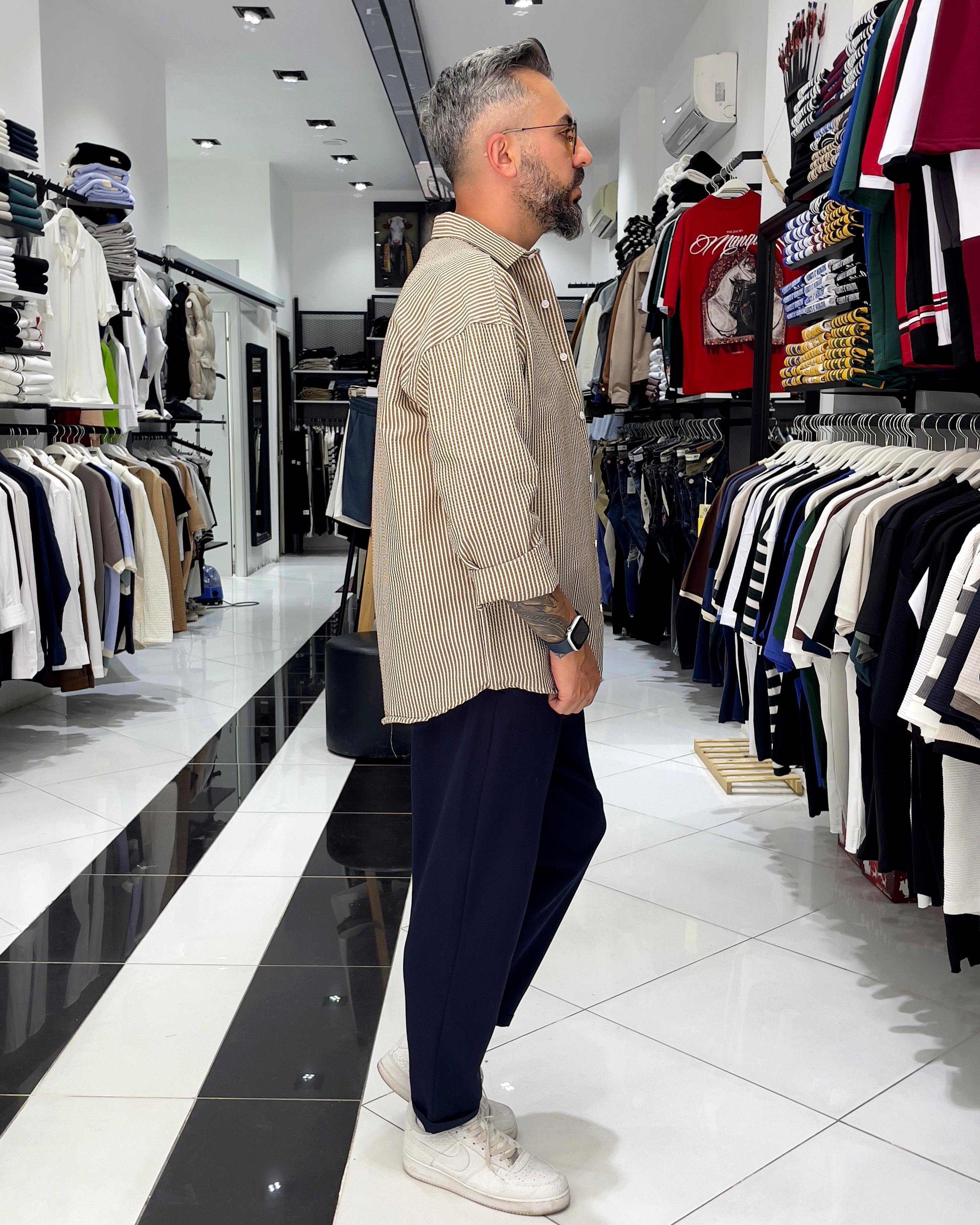 Gofre Kumaş Çizgili Oversize Erkek Gömlek - kahve