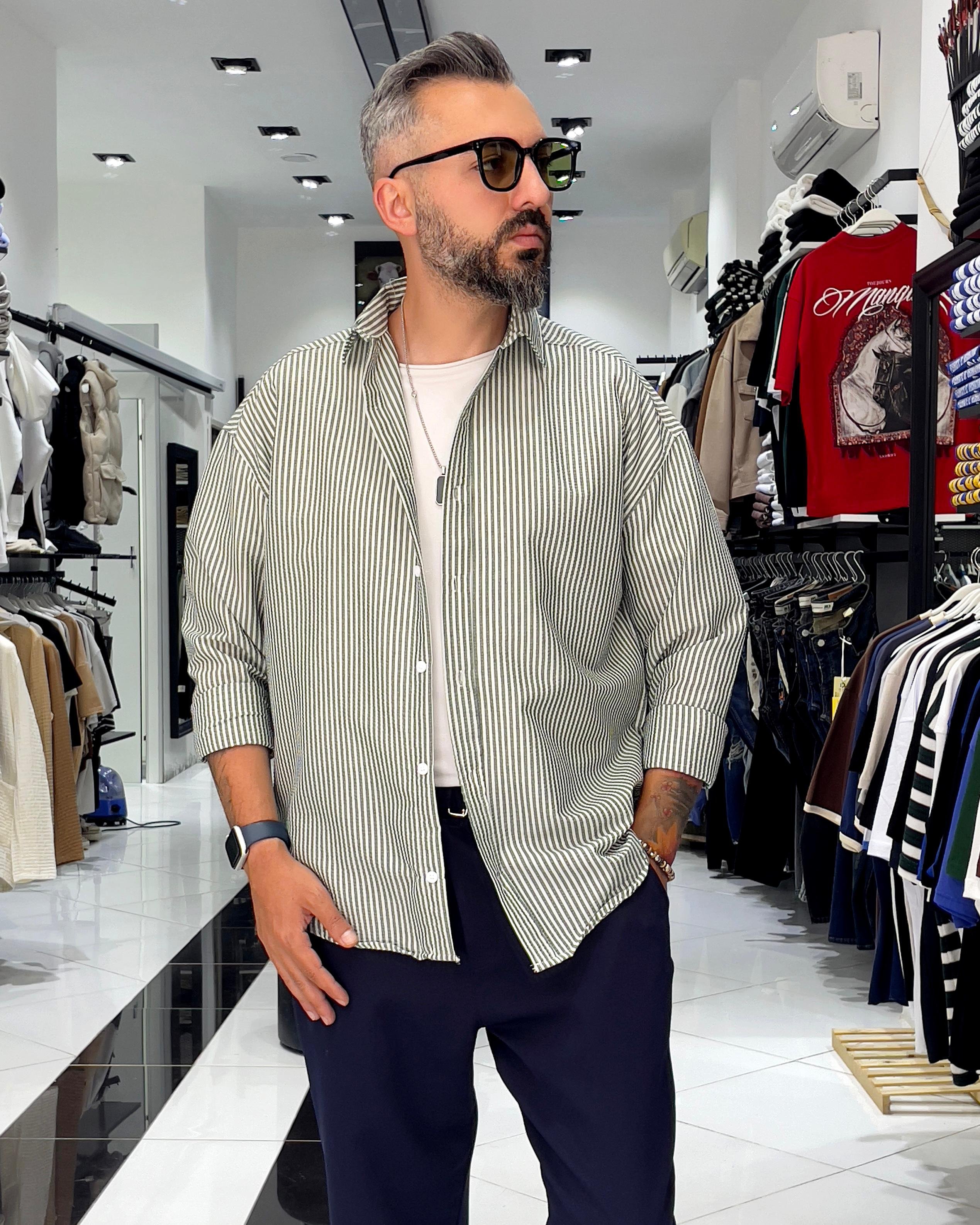 Gofre Kumaş Çizgili Oversize Erkek Gömlek - haki