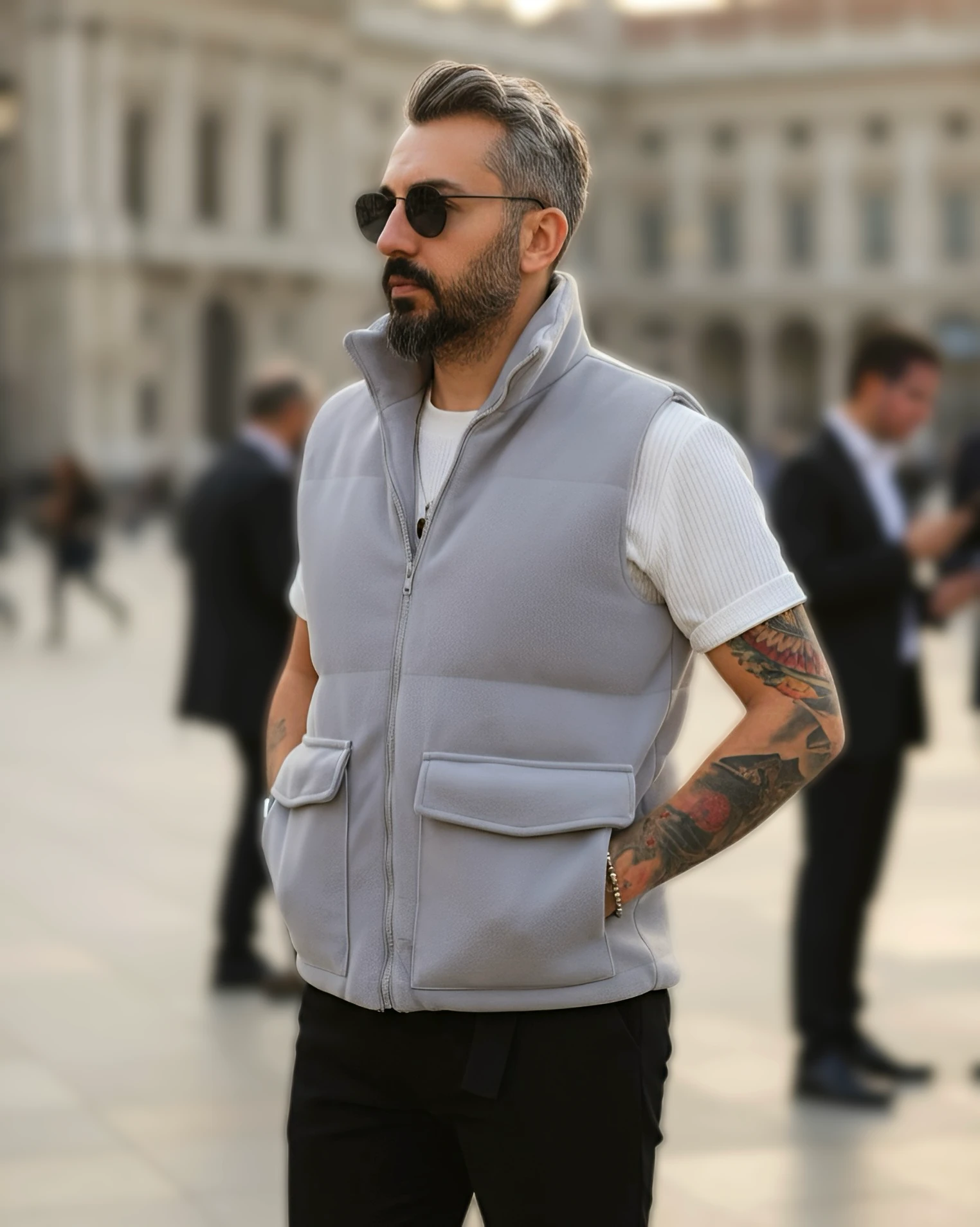 Fiber Filled Cashmere Zippered Men's Vest - Grey