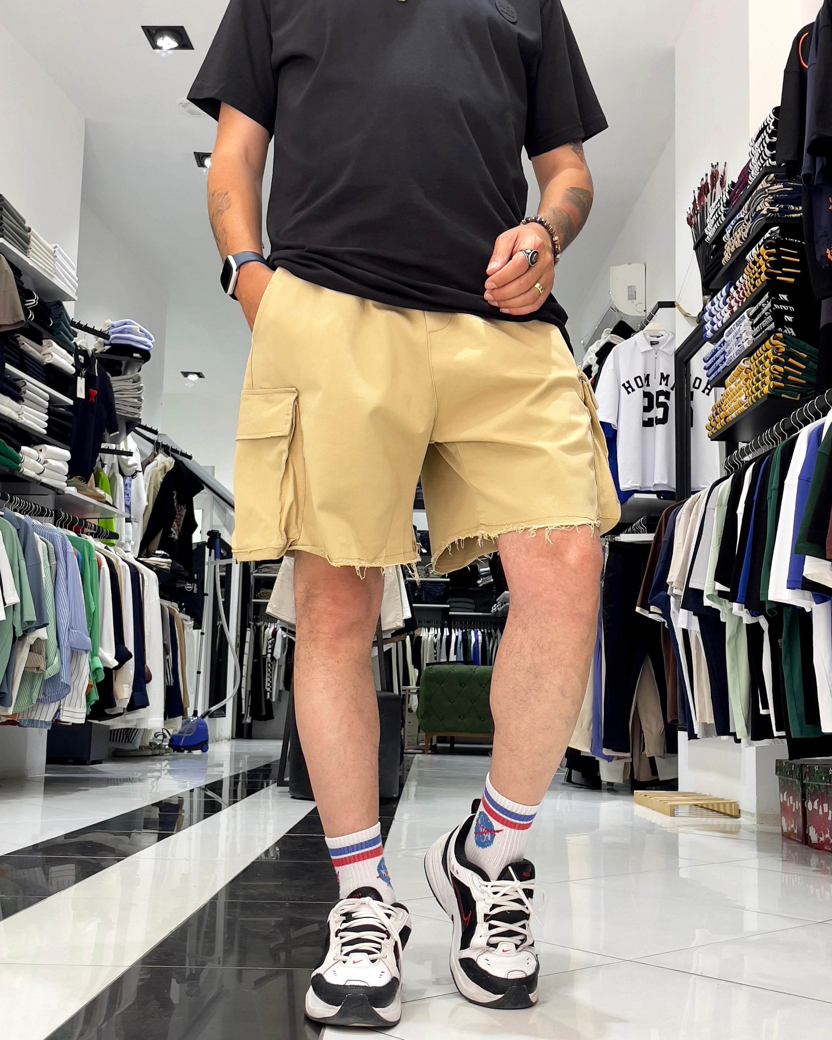 Baggy Fit Organik Denim Erkek Kargo Şort – Higo Man - krem