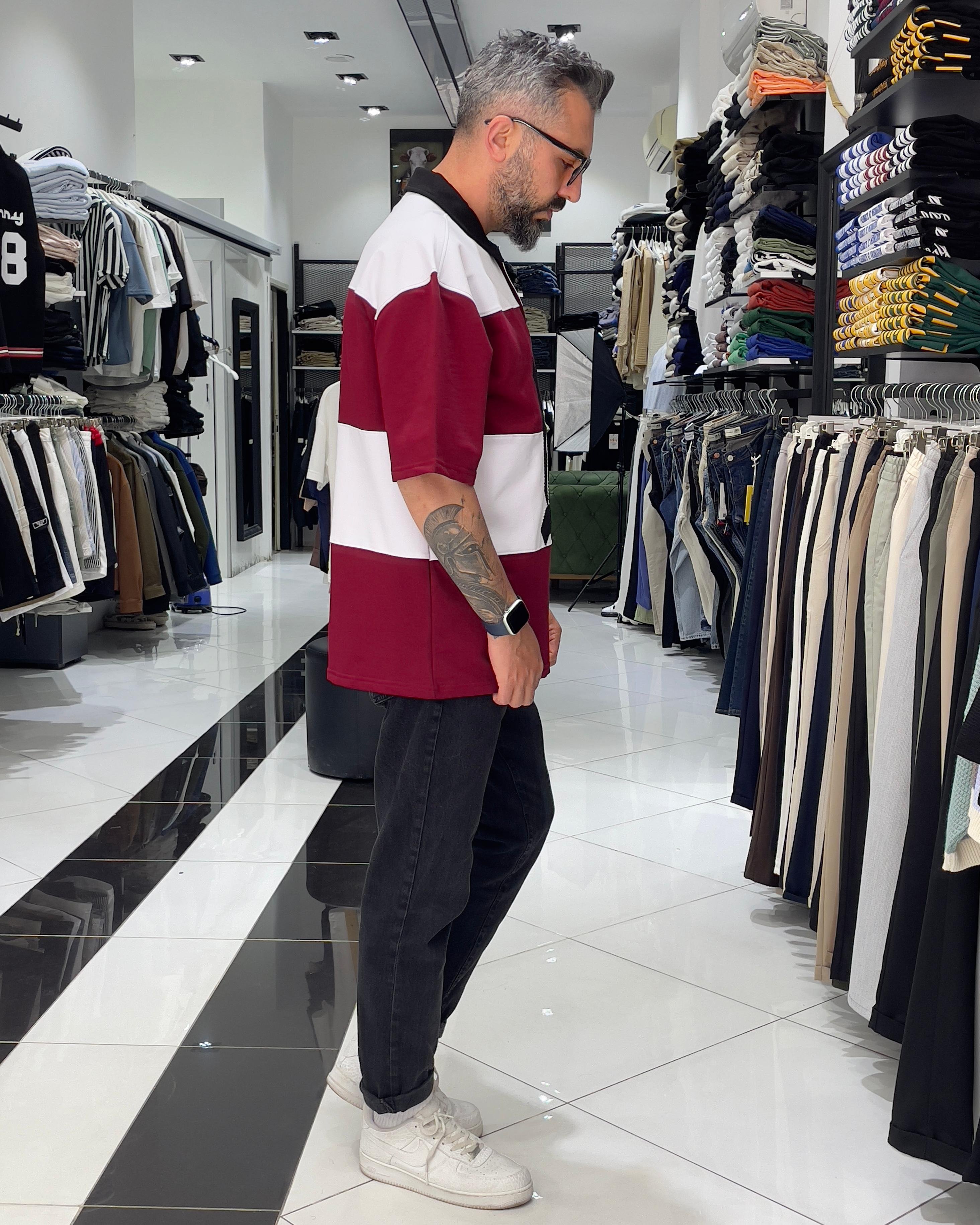 LB Nakışlı Yarım Fermuarlı Oversize Polo Yaka Erkek T-Shirt - bordo