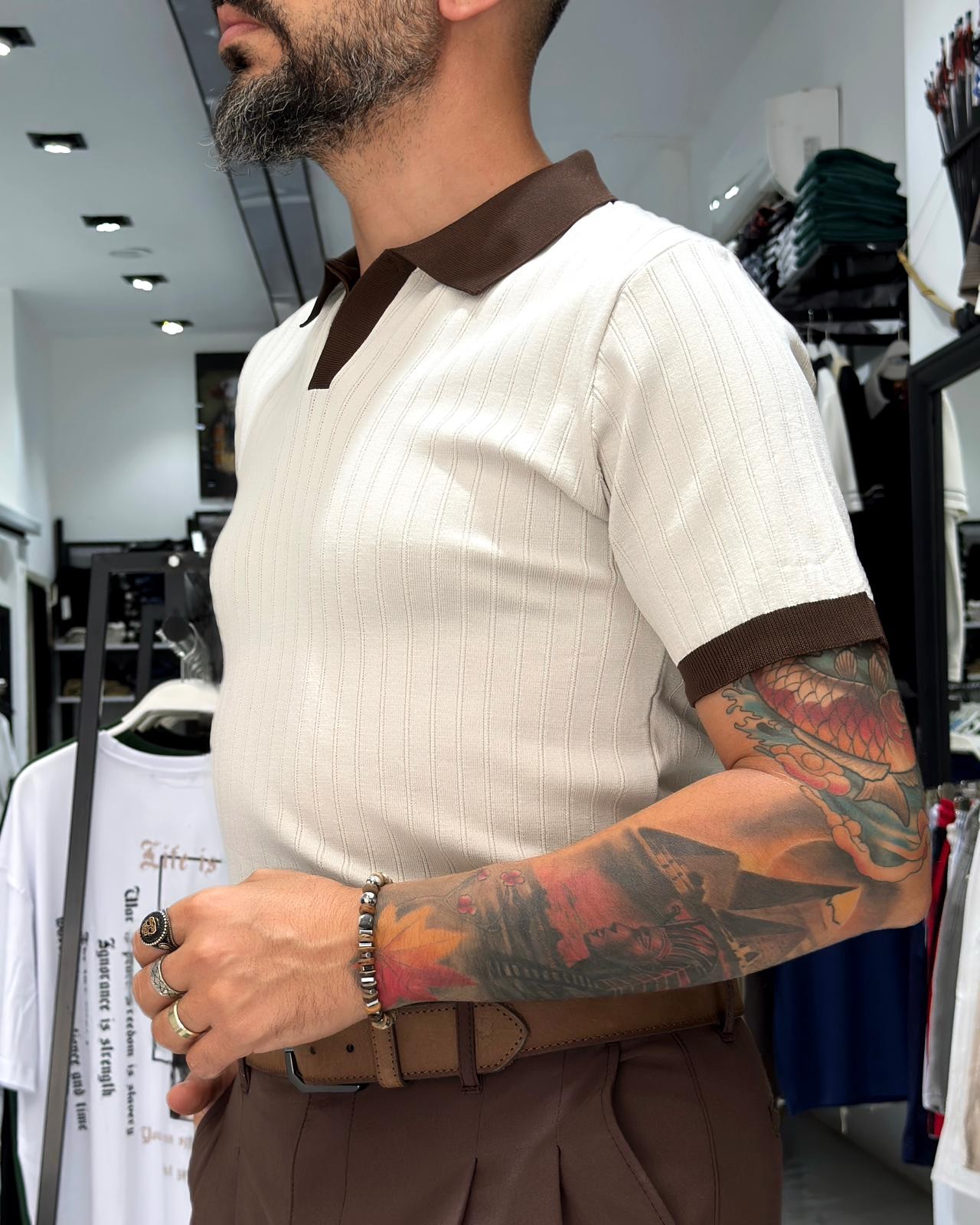 Yaka Detaylı Erkek Triko Polo Yaka T-Shirt - krem
